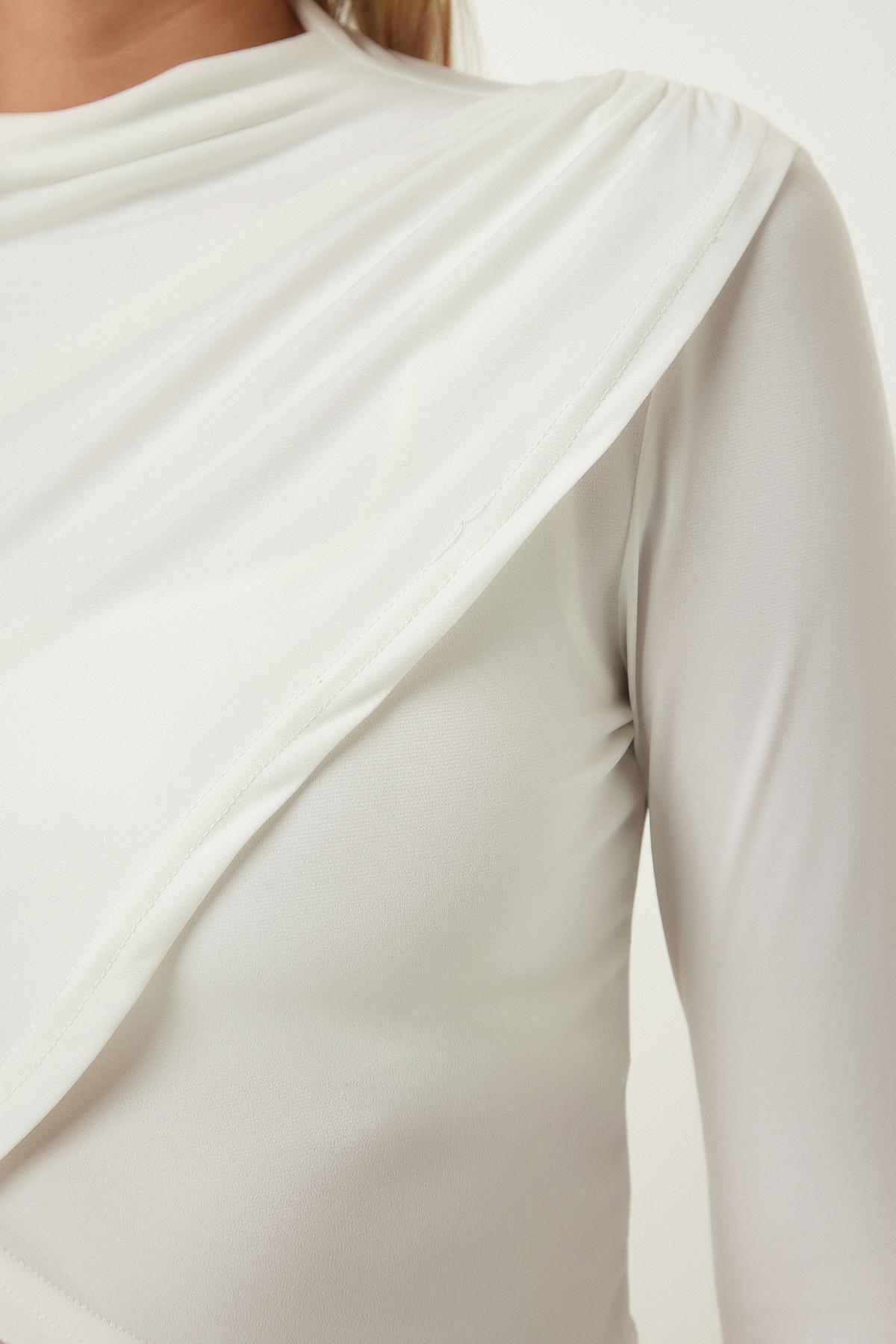 Ecru Gathered Detailed High Neck Blouse, Ecru, large image number 3