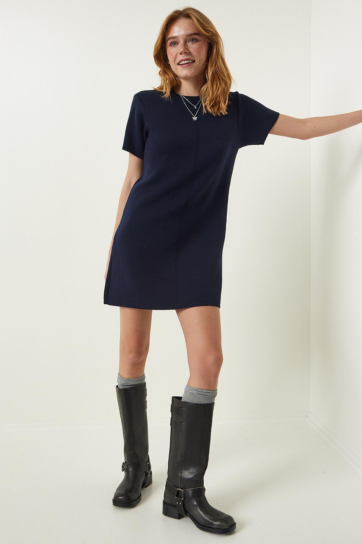 Navy Soft Textured Mini Knitwear Dress, DARK BLUE, large image number 0