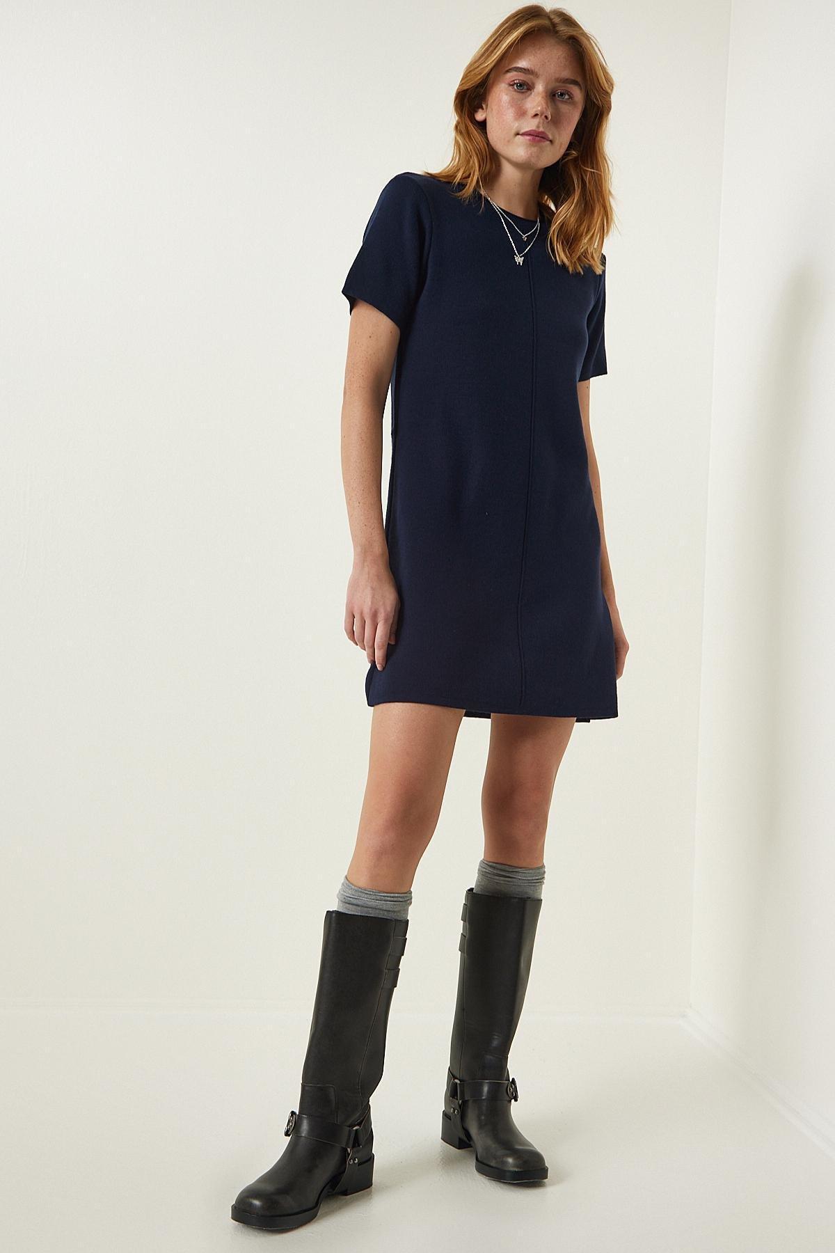 Navy Soft Textured Mini Knitwear Dress, DARK BLUE, large image number 1