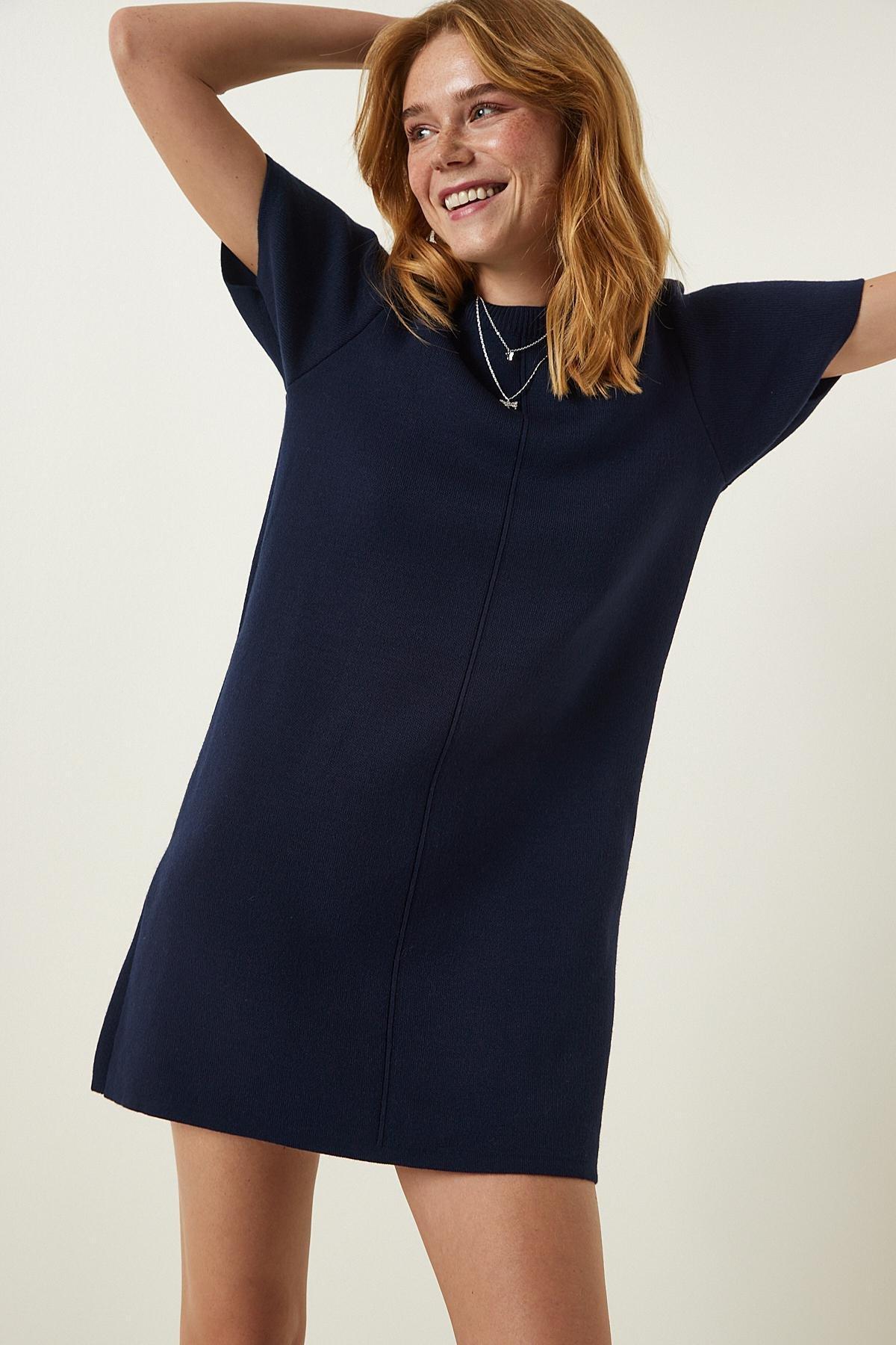 Navy Soft Textured Mini Knitwear Dress, DARK BLUE, large image number 2