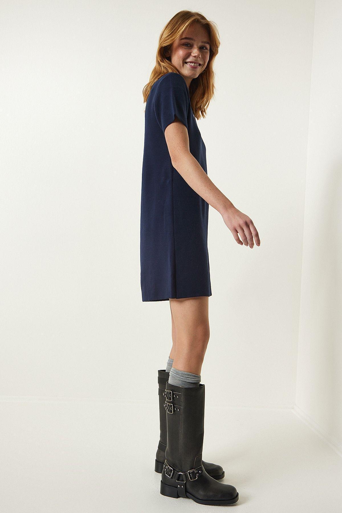 Navy Soft Textured Mini Knitwear Dress, DARK BLUE, large image number 3