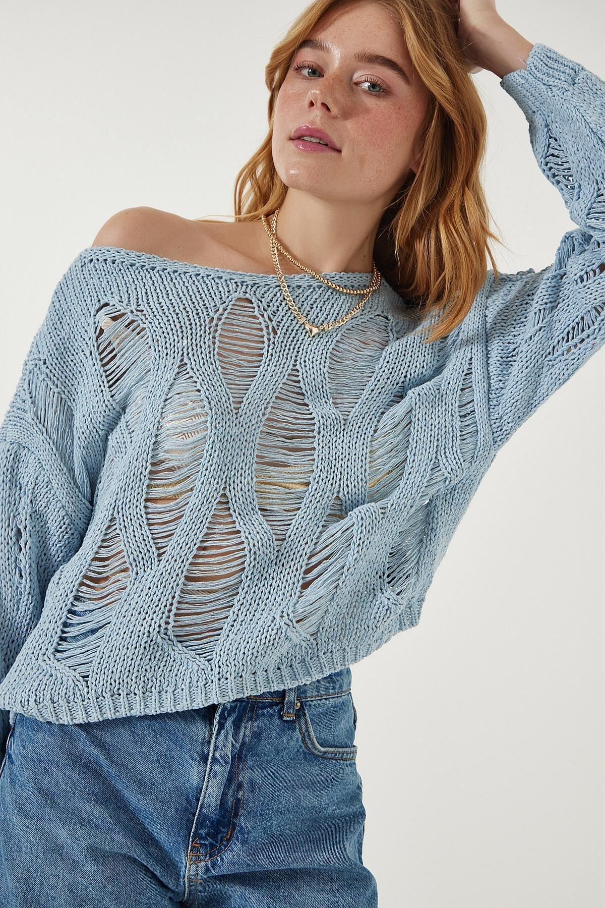 Blue Boat Neck Openwork Sweater, SKY BLUE, large image number 2