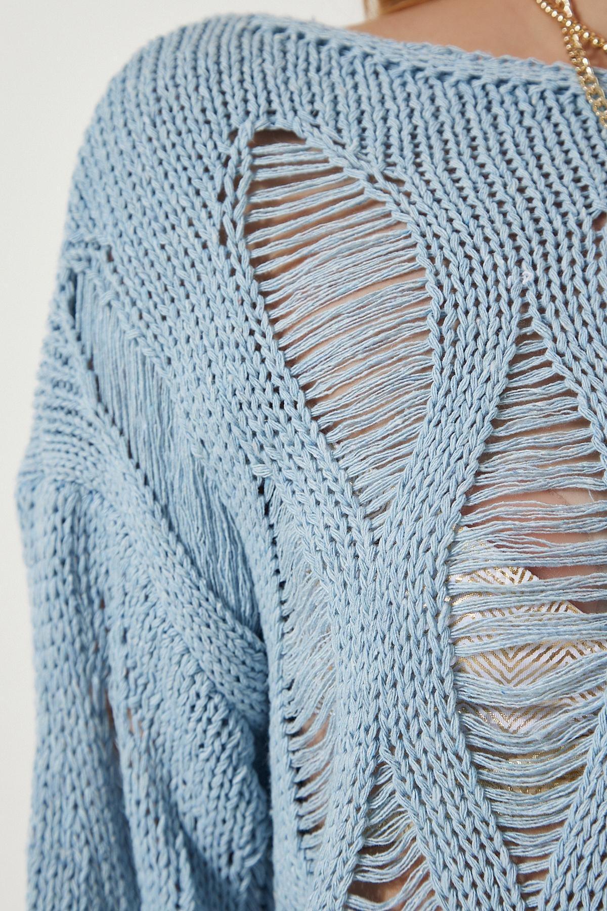 Blue Boat Neck Openwork Sweater, SKY BLUE, large image number 3