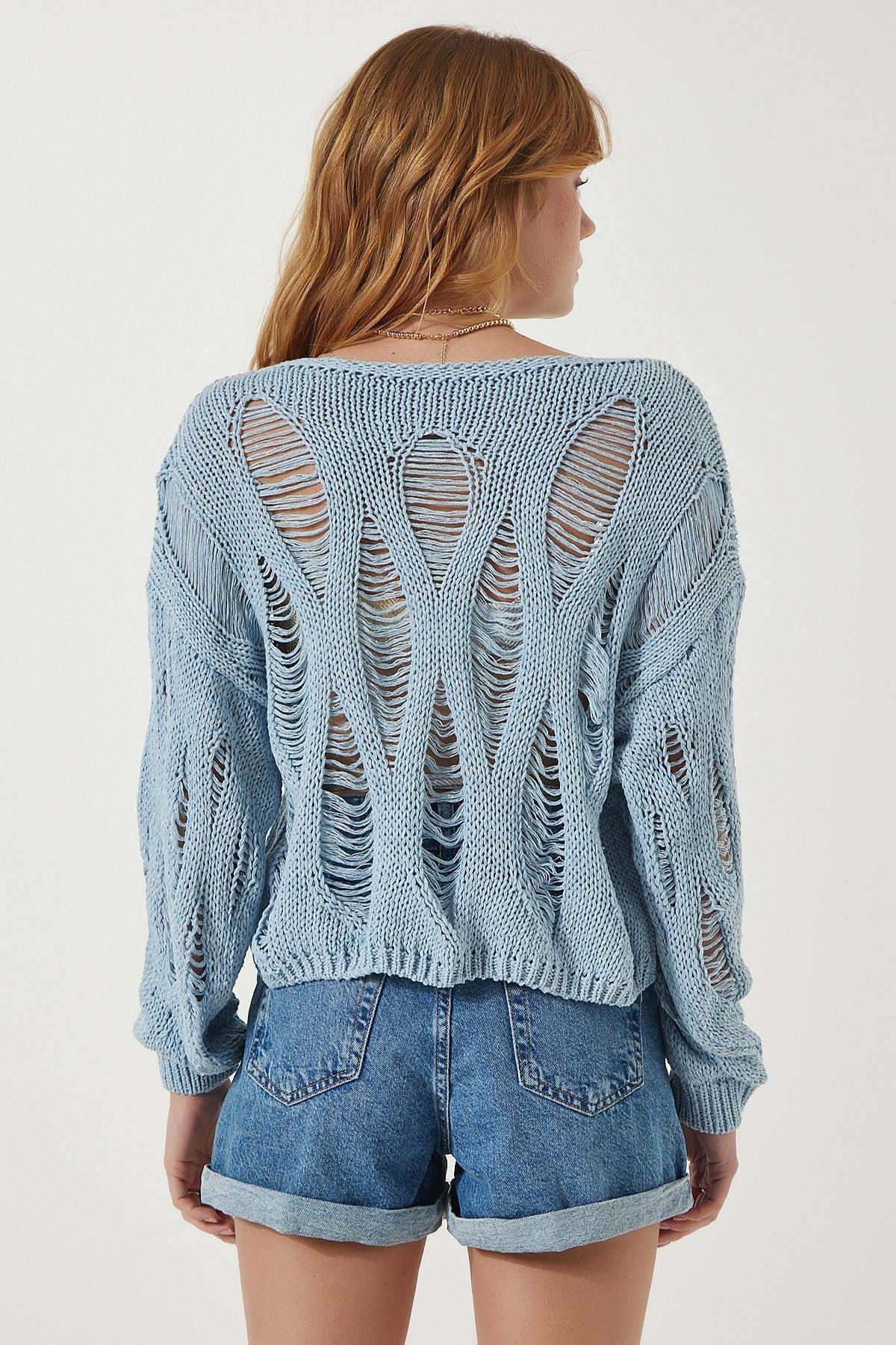 Blue Boat Neck Openwork Sweater, SKY BLUE, large image number 4