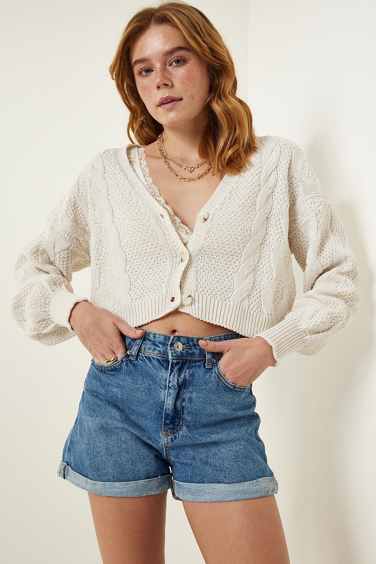 White Buttoned Knitted Cardigan, Cream, large image number 3