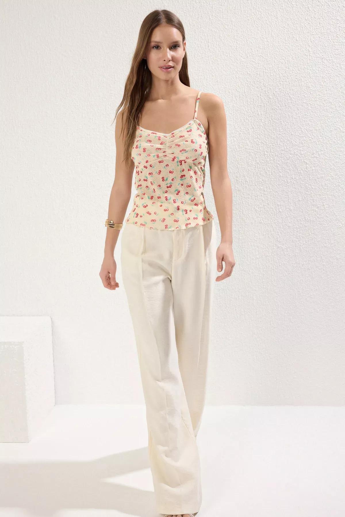 Cream Cherry Print Knit Blouse, , large image number 1