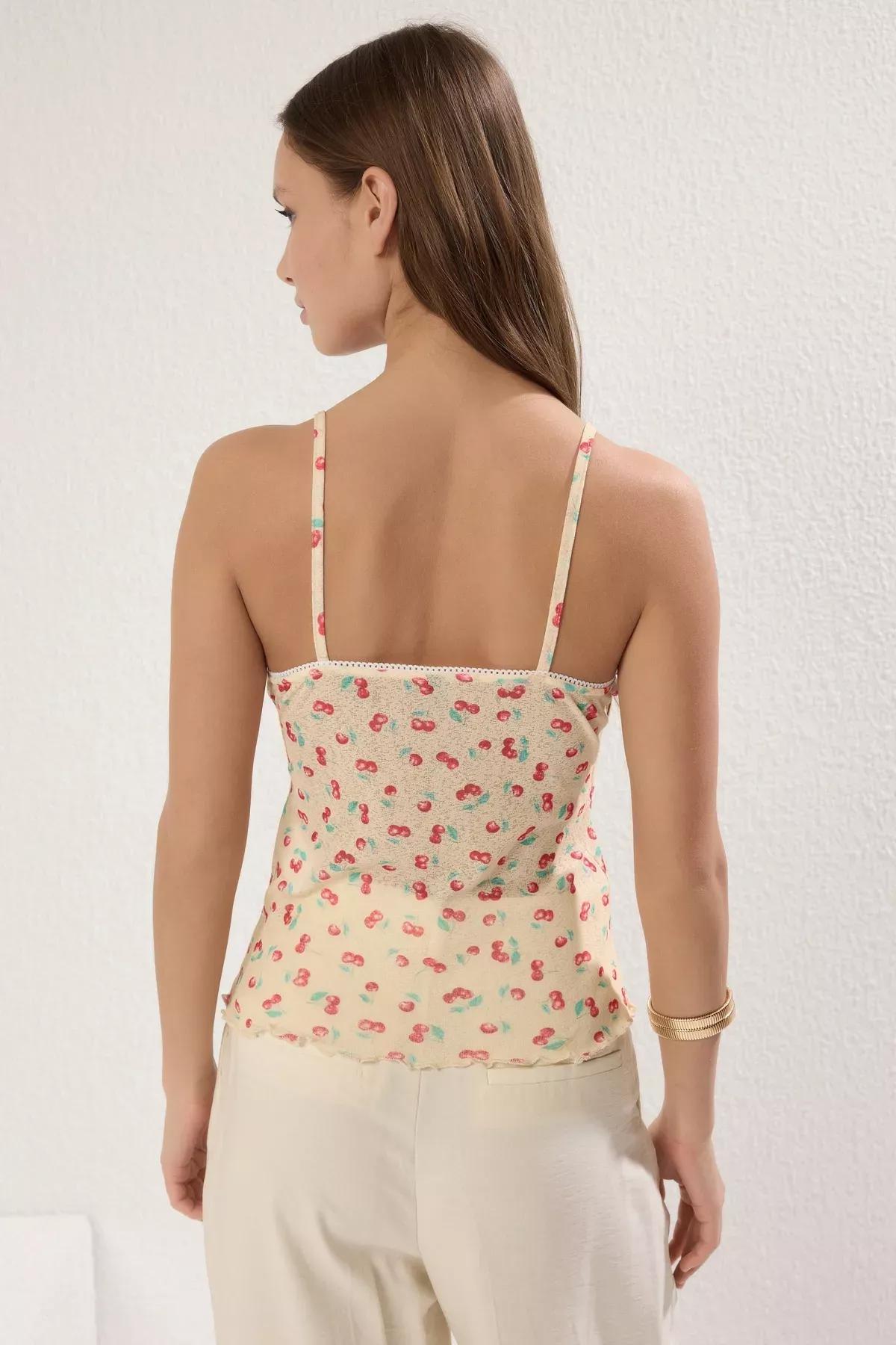 Cream Cherry Print Knit Blouse, , large image number 3