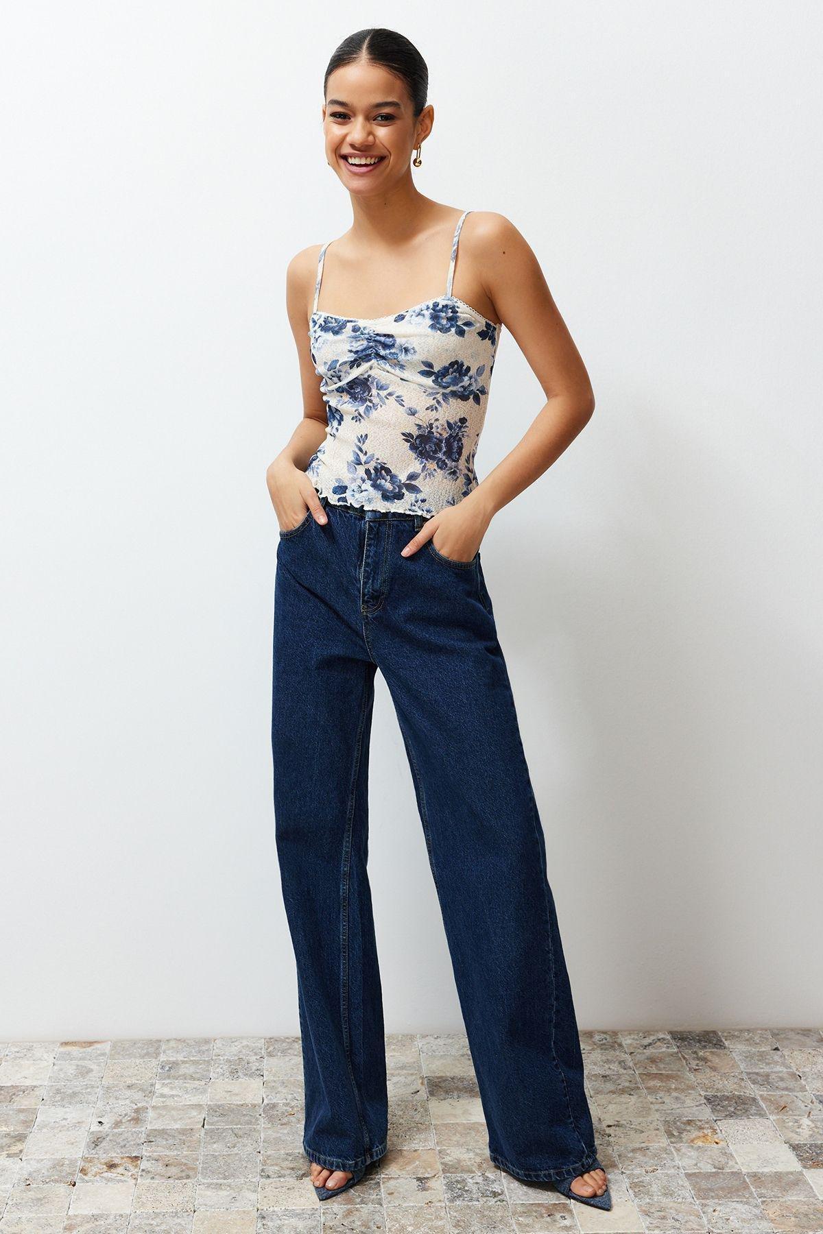 Blue Floral Printed Special Textured V Neck Strappy Flexible Knitted Blouse TWOSS24BZ00425, single, , large image number 1