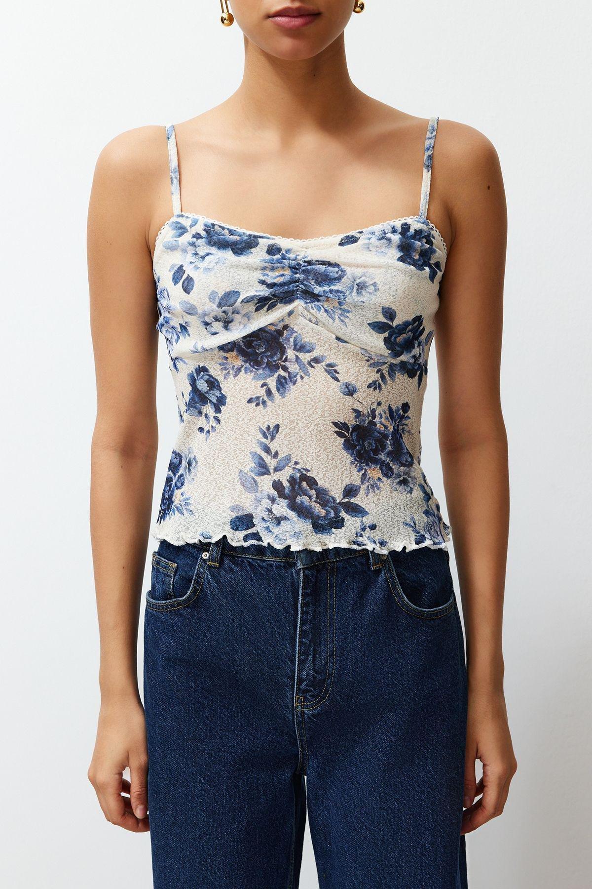 Blue Floral Printed Special Textured V Neck Strappy Flexible Knitted Blouse TWOSS24BZ00425, single, , large image number 3