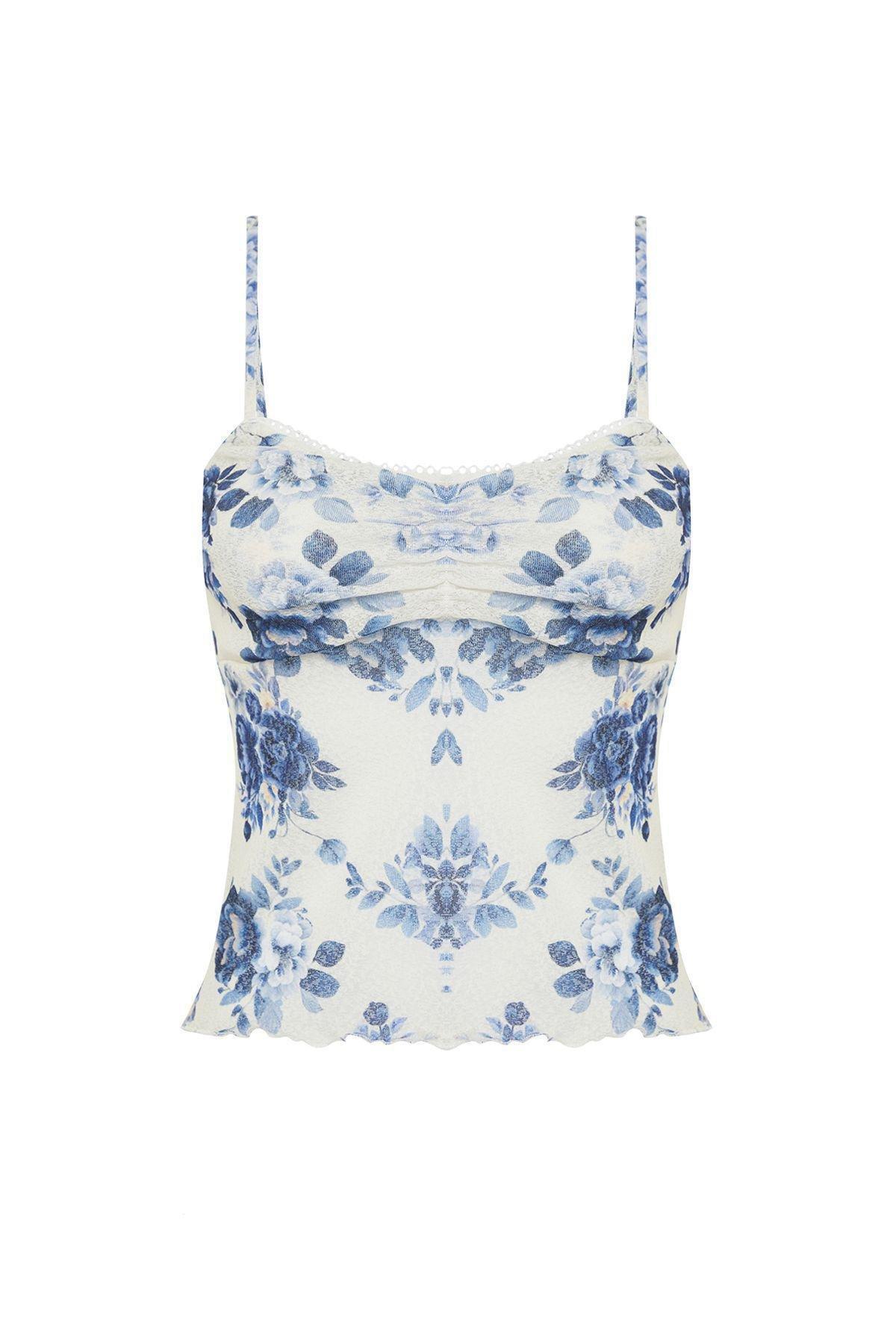 Blue Floral Printed Special Textured V Neck Strappy Flexible Knitted Blouse TWOSS24BZ00425, single, , large image number 5