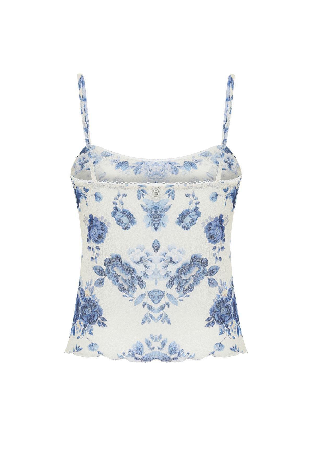 Blue Floral Printed Special Textured V Neck Strappy Flexible Knitted Blouse TWOSS24BZ00425, single, , large image number 6