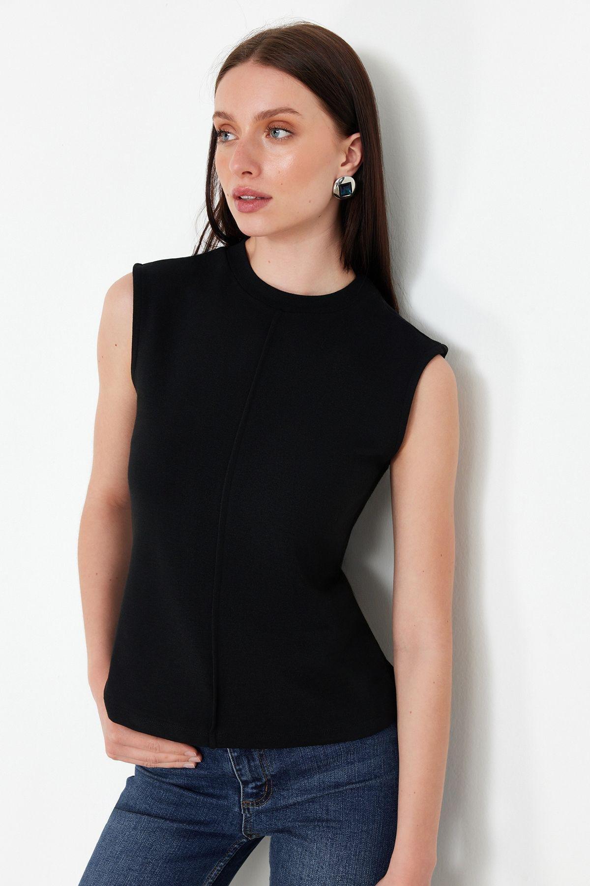Black Fitted Knit Blouse, , large image number 0