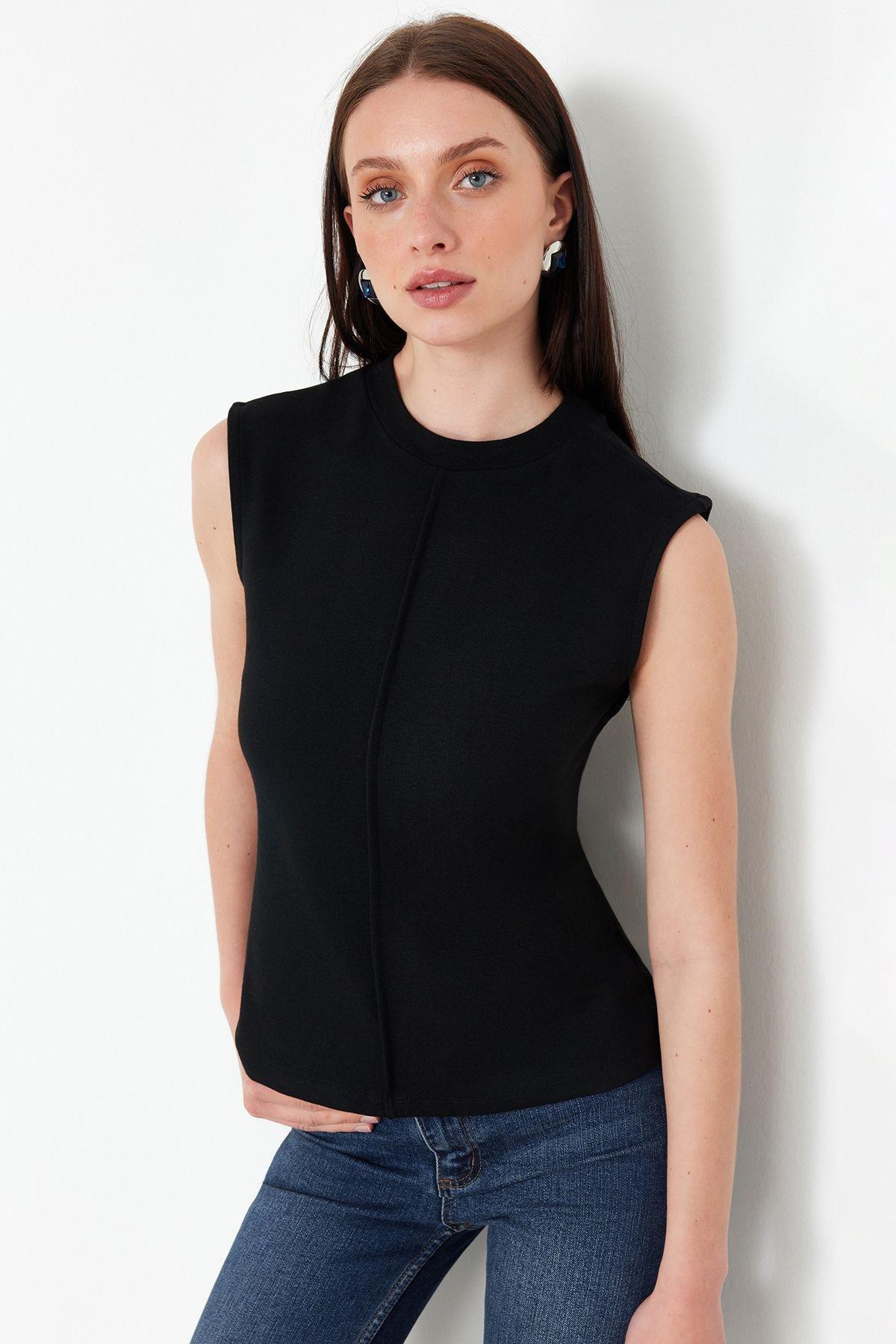 Black Fitted Knit Blouse, , large image number 1