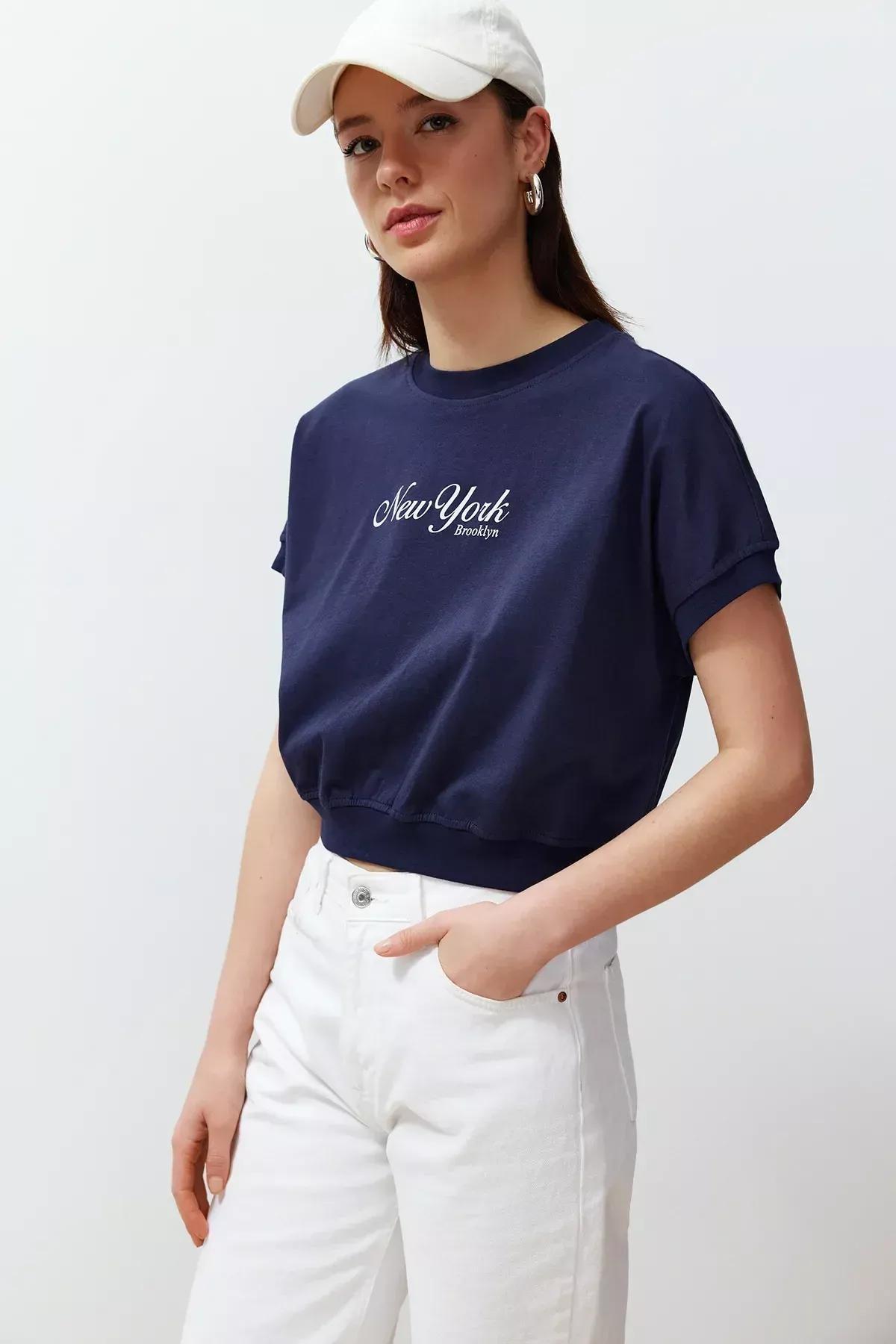 Navy Cotton Printed Knitted T-Shirt, DARK BLUE, large image number 0