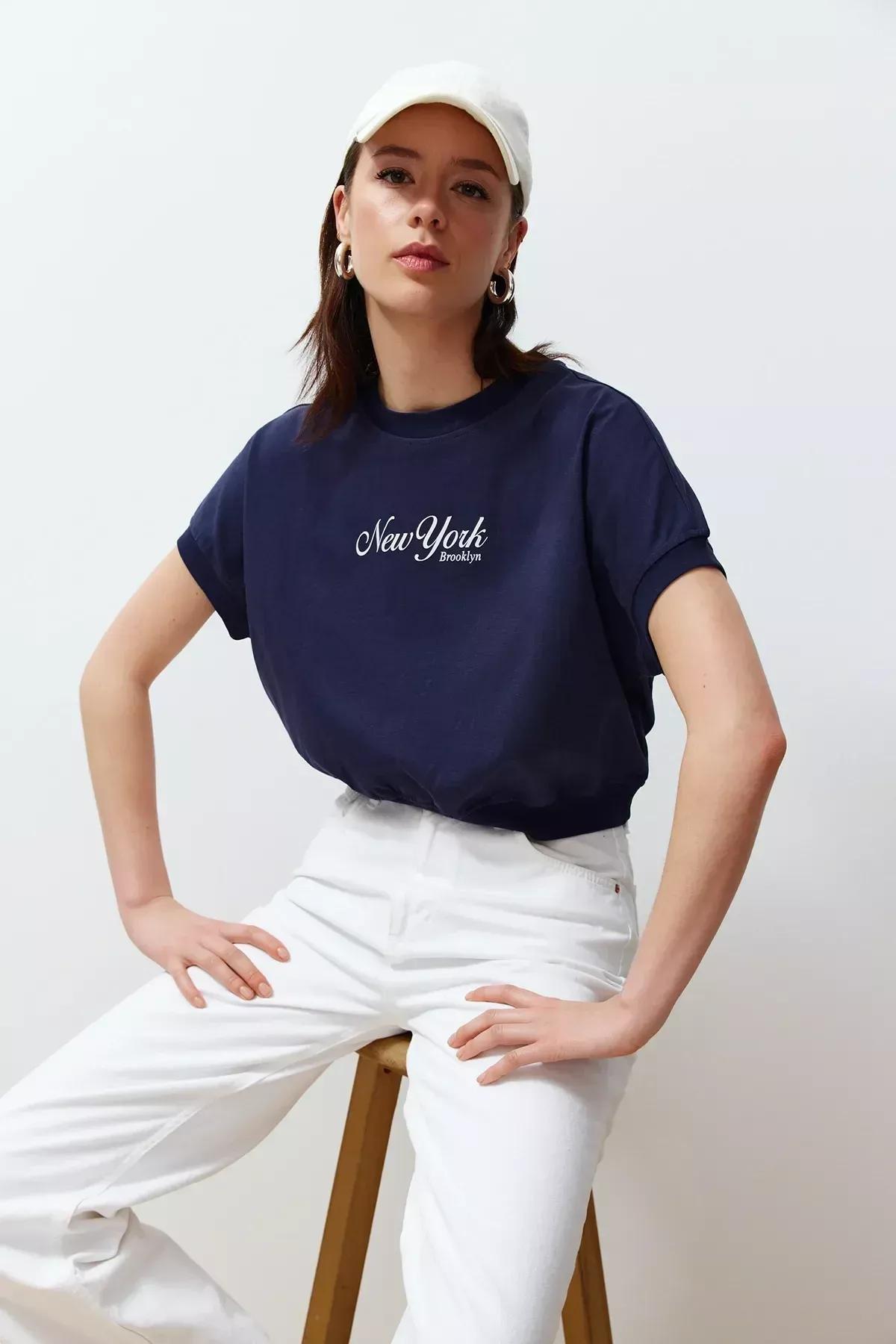 Navy Cotton Printed Knitted T-Shirt, DARK BLUE, large image number 1