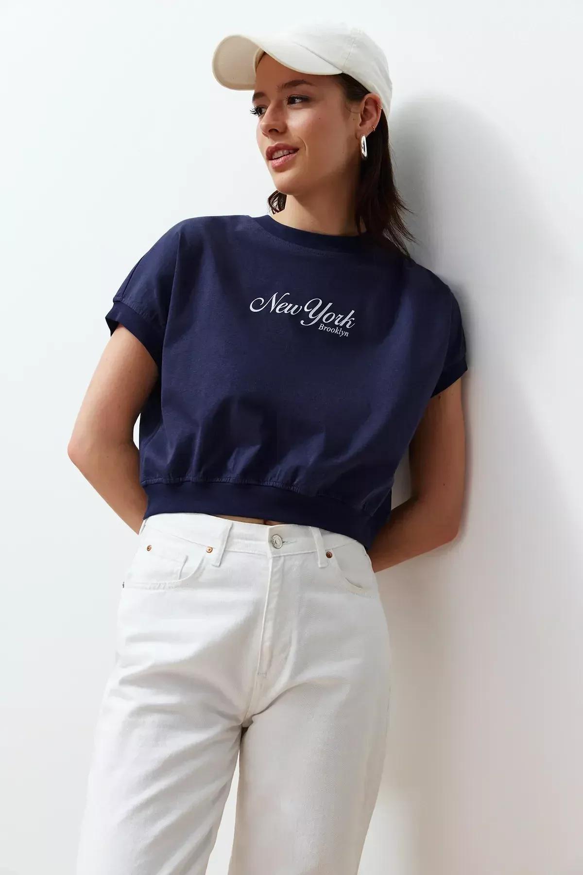 Navy Cotton Printed Knitted T-Shirt, DARK BLUE, large image number 2