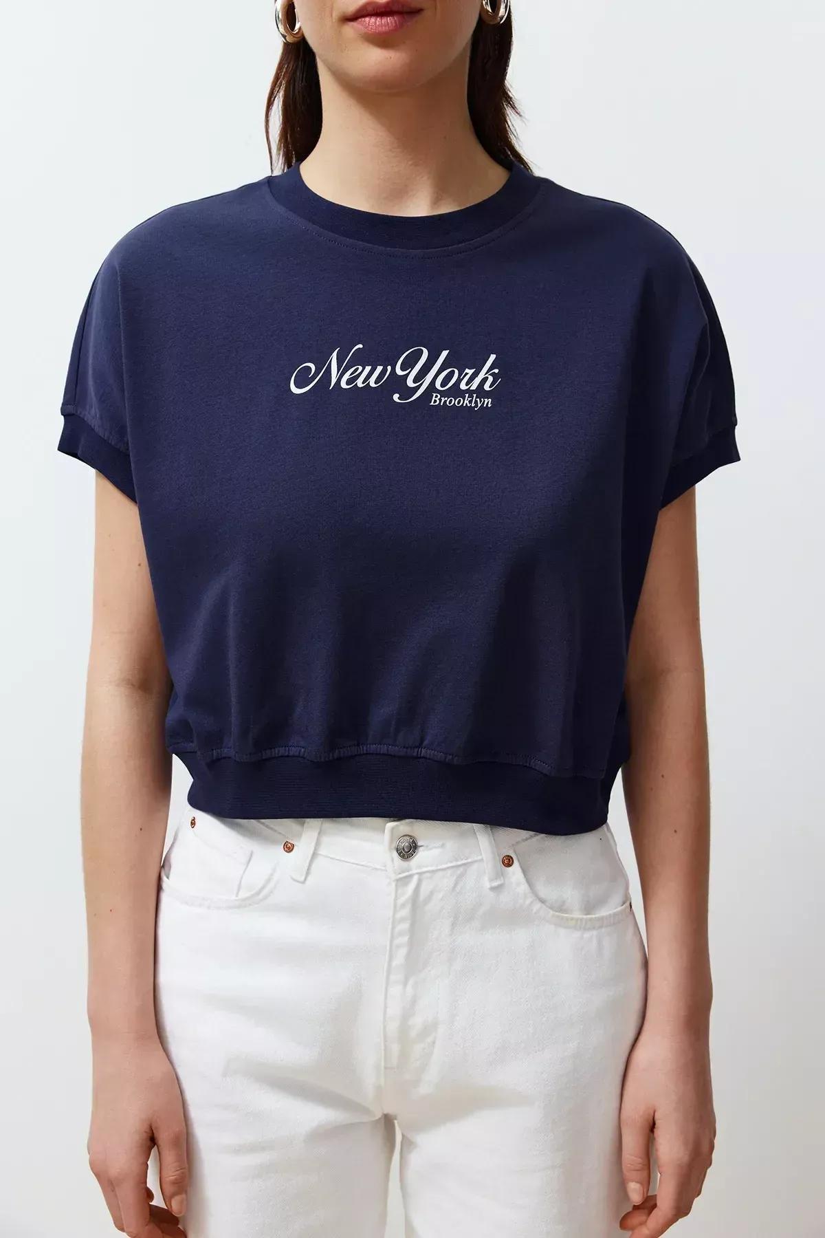 Navy Cotton Printed Knitted T-Shirt, DARK BLUE, large image number 3
