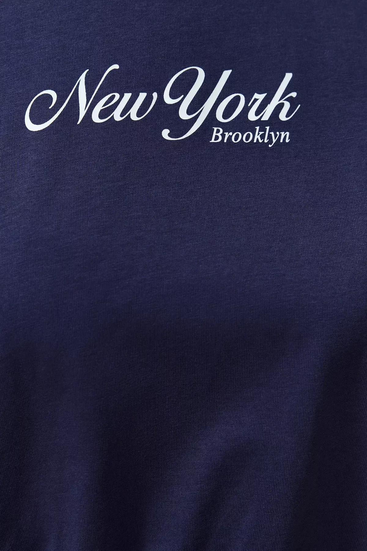 Navy Cotton Printed Knitted T-Shirt, DARK BLUE, large image number 4