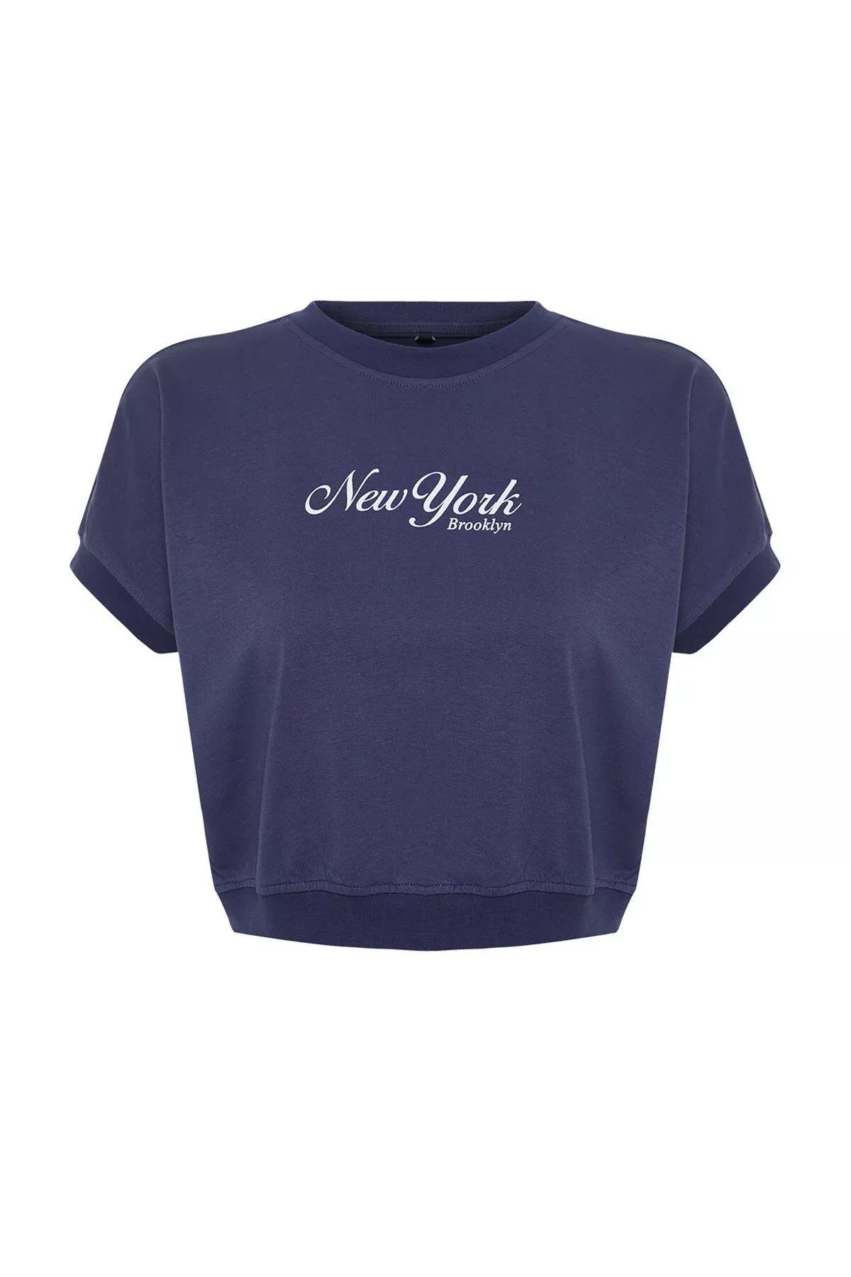 Navy Cotton Printed Knitted T-Shirt, DARK BLUE, large image number 5