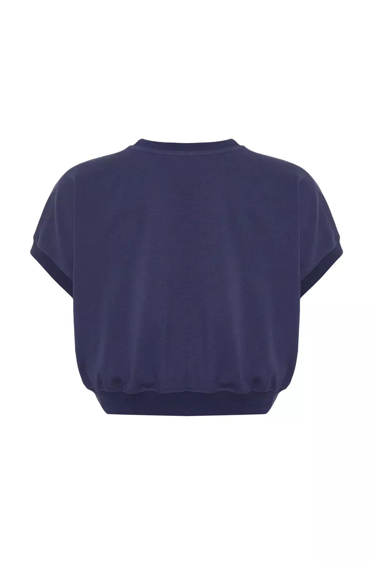 Navy Cotton Printed Knitted T-Shirt, DARK BLUE, large image number 6