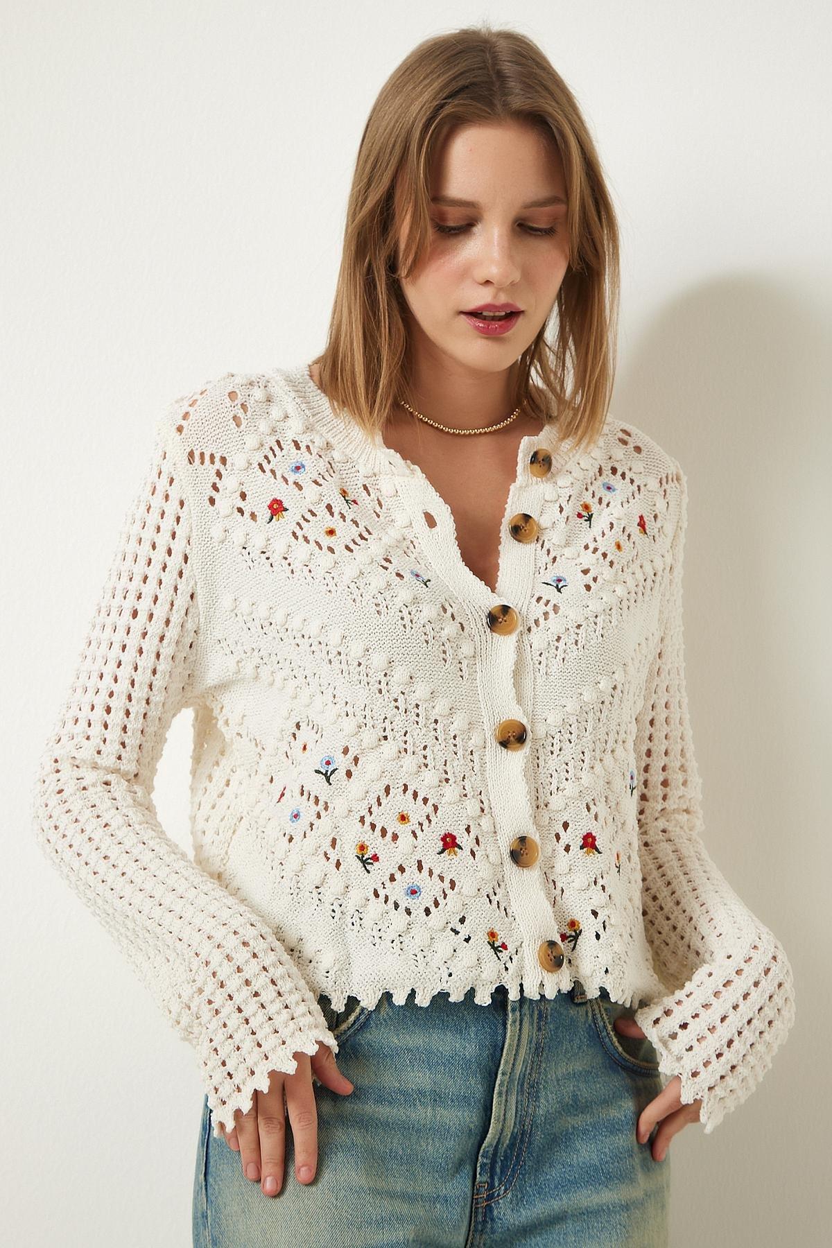 White Floral Embroidered Textured Knitted Cardigan, , large image number 2
