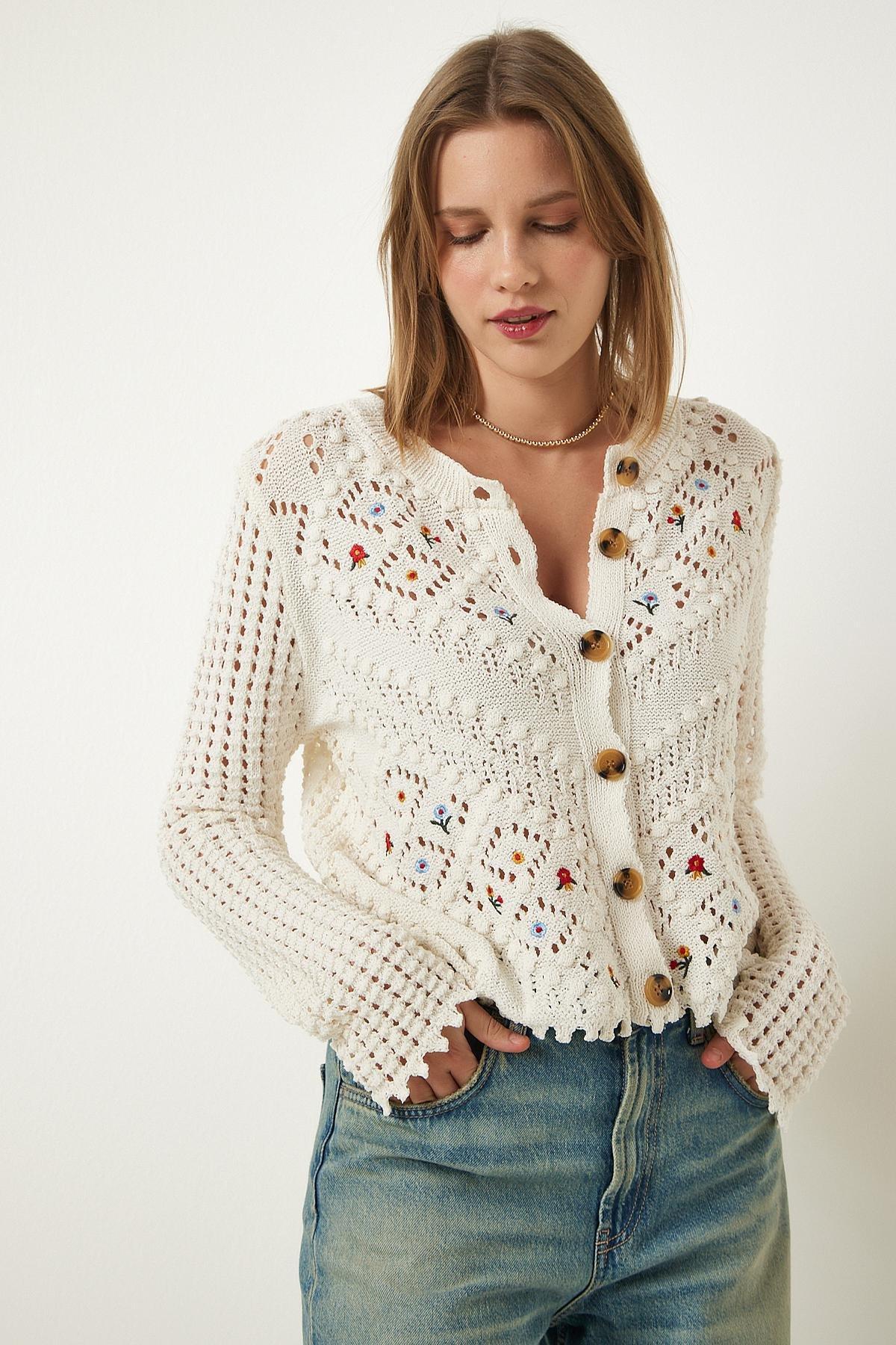 White Floral Embroidered Textured Knitted Cardigan, , large image number 3