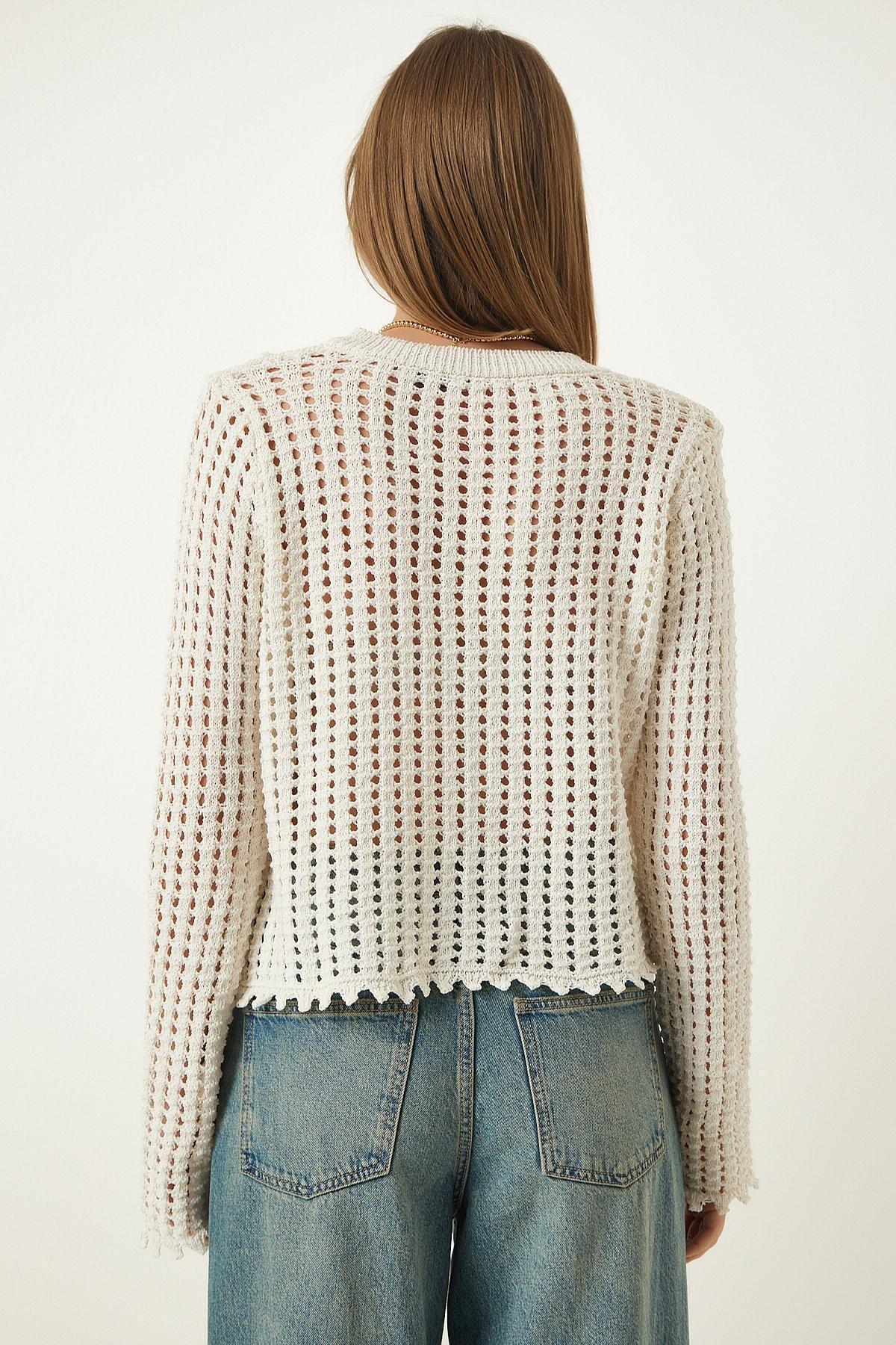 White Floral Embroidered Textured Knitted Cardigan, , large image number 5