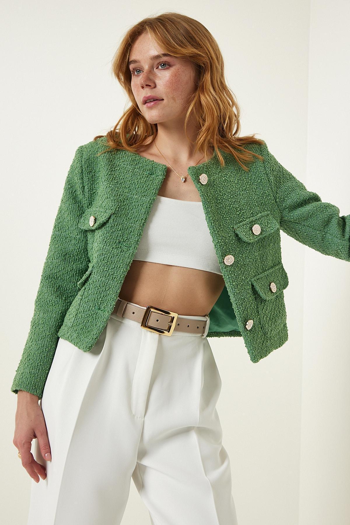 Happiness Istanbul - Green Buttoned Tweed Jacket