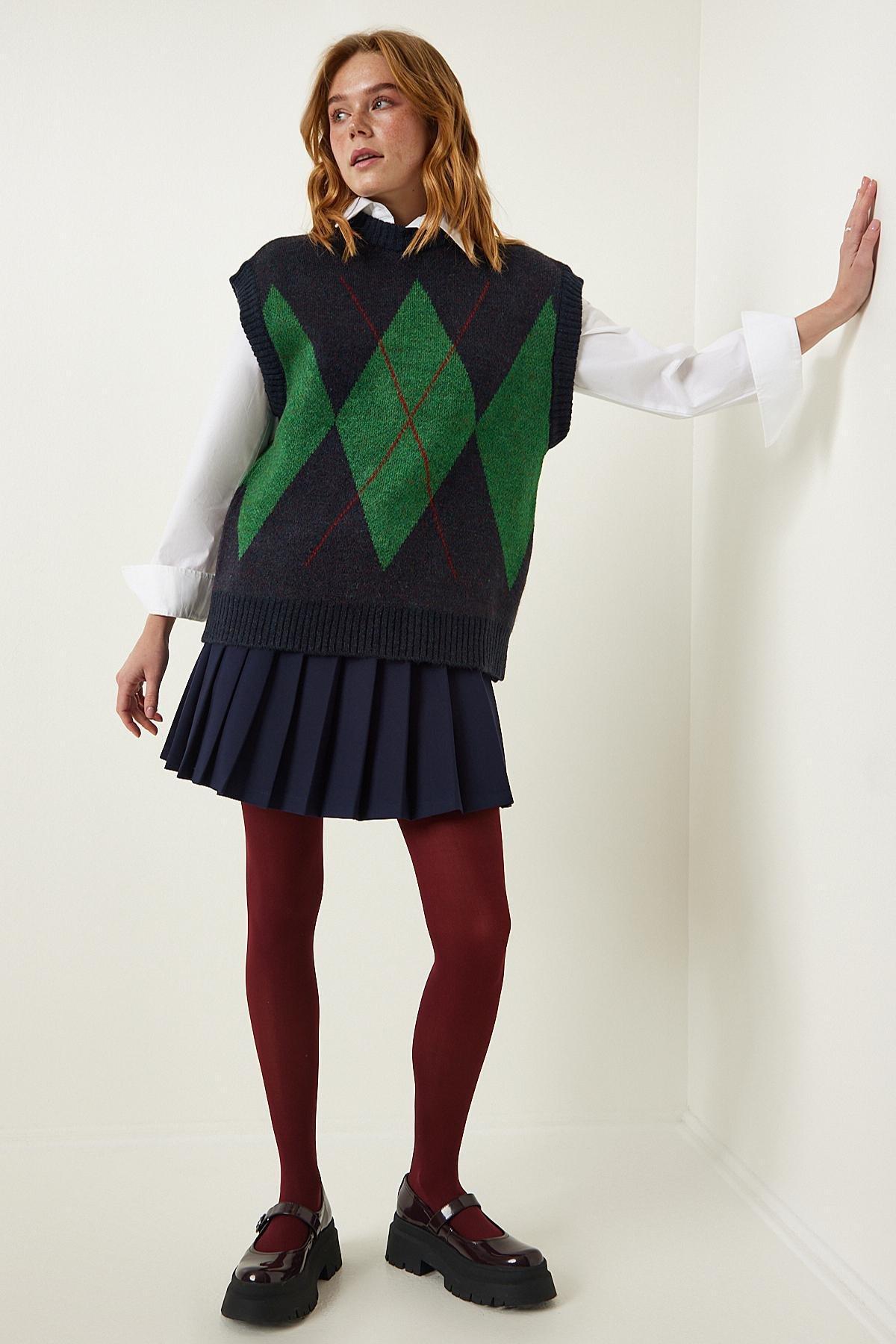 Multicolour Patterned Knitted Sweater, NAVY BLUE GREEN, large image number 0