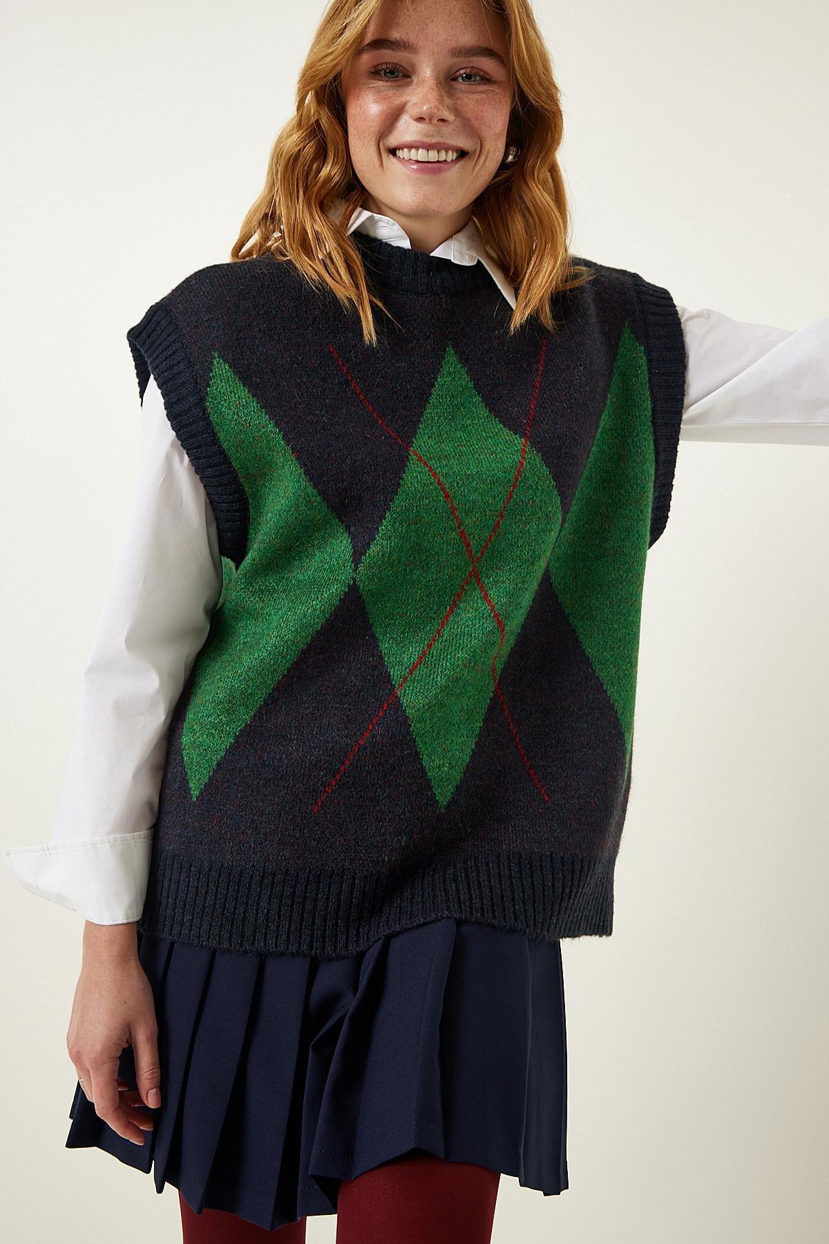 Multicolour Patterned Knitted Sweater, NAVY BLUE GREEN, large image number 3