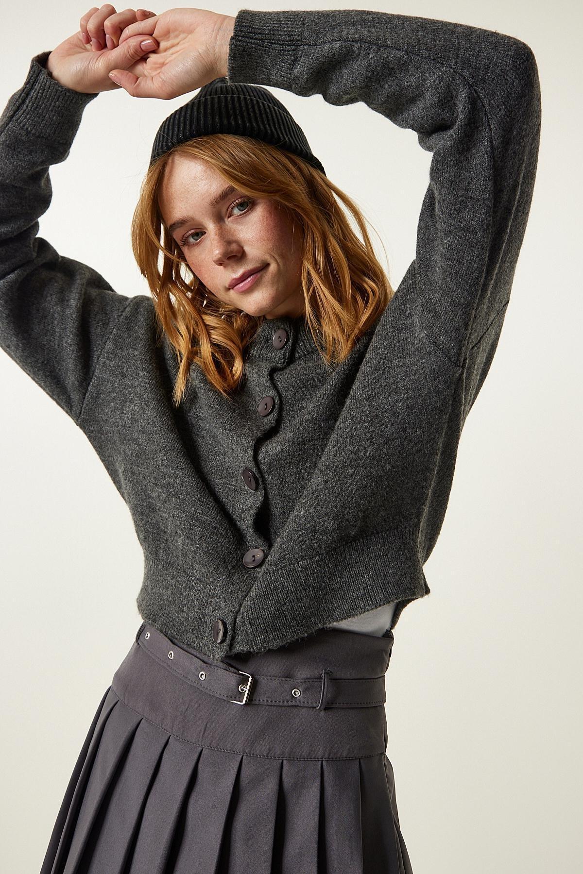 Grey Buttoned Knitwear Cardigan, Anthracite, large image number 1