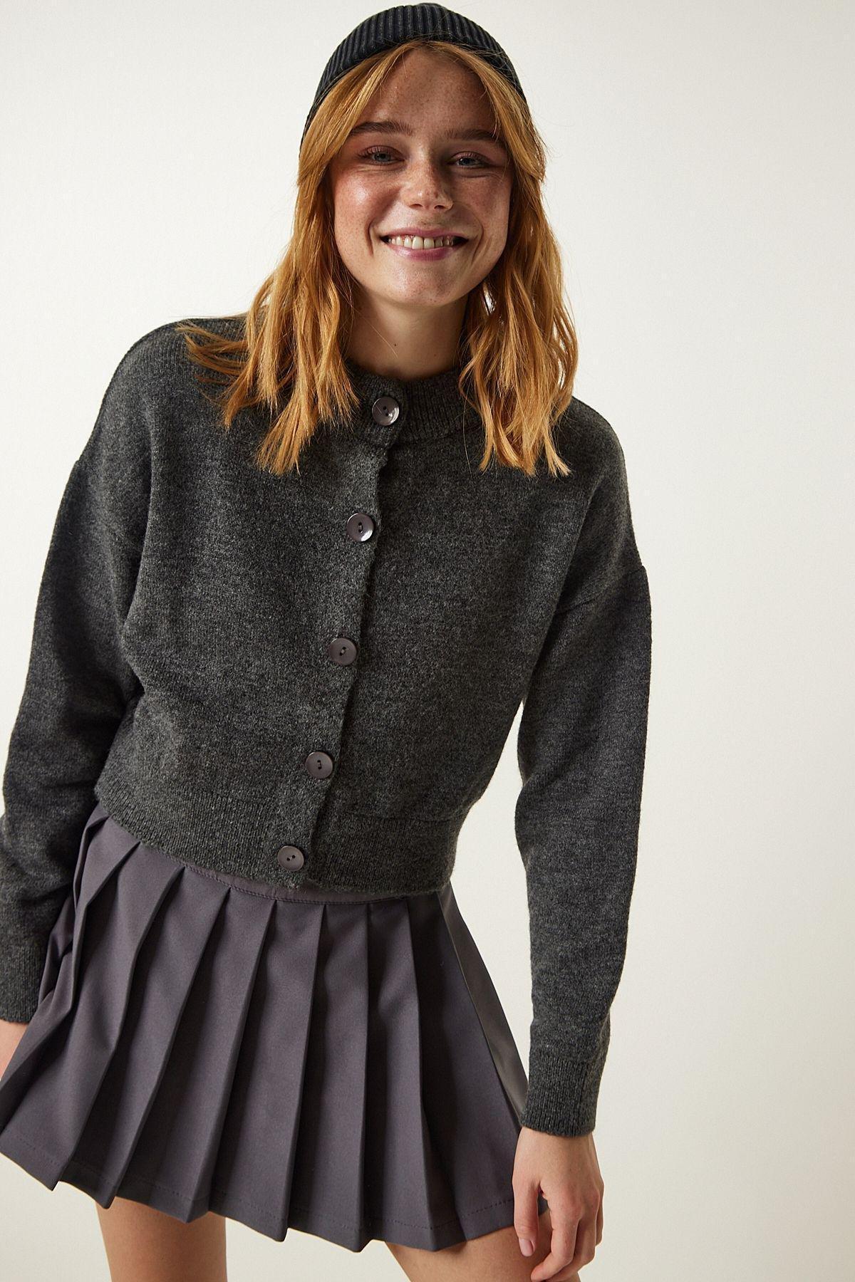 Grey Buttoned Knitwear Cardigan, Anthracite, large image number 2