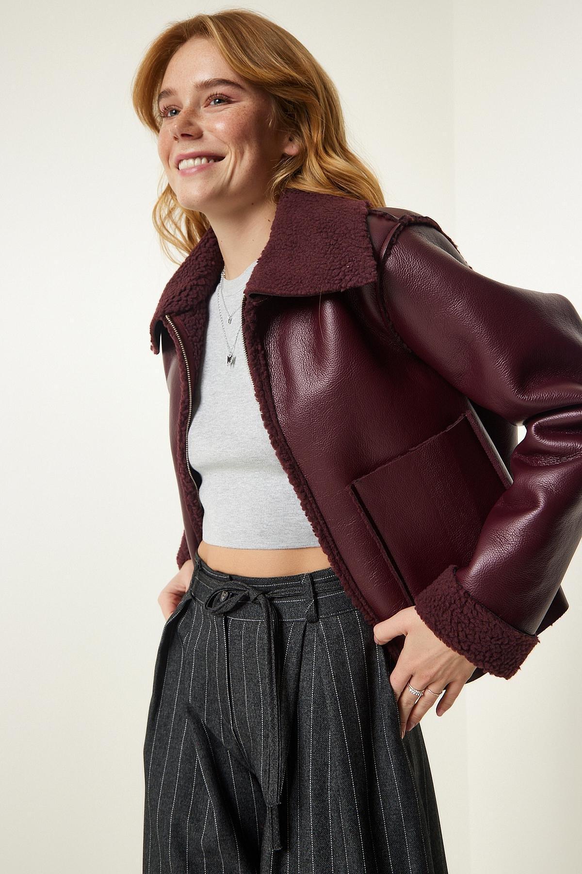 Burgundy Fur Collar Wide Pocket Jacket, , large image number 0