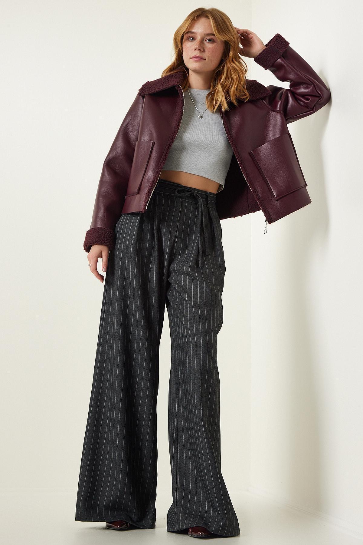 Burgundy Fur Collar Wide Pocket Jacket, , large image number 1