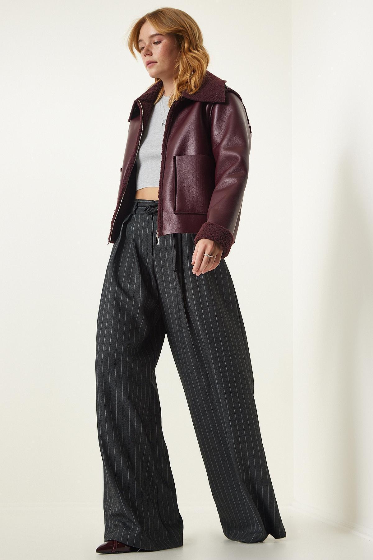 Burgundy Fur Collar Wide Pocket Jacket, , large image number 2
