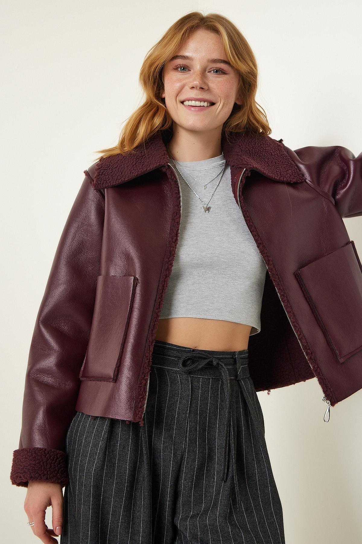 Burgundy Fur Collar Wide Pocket Jacket, , large image number 3