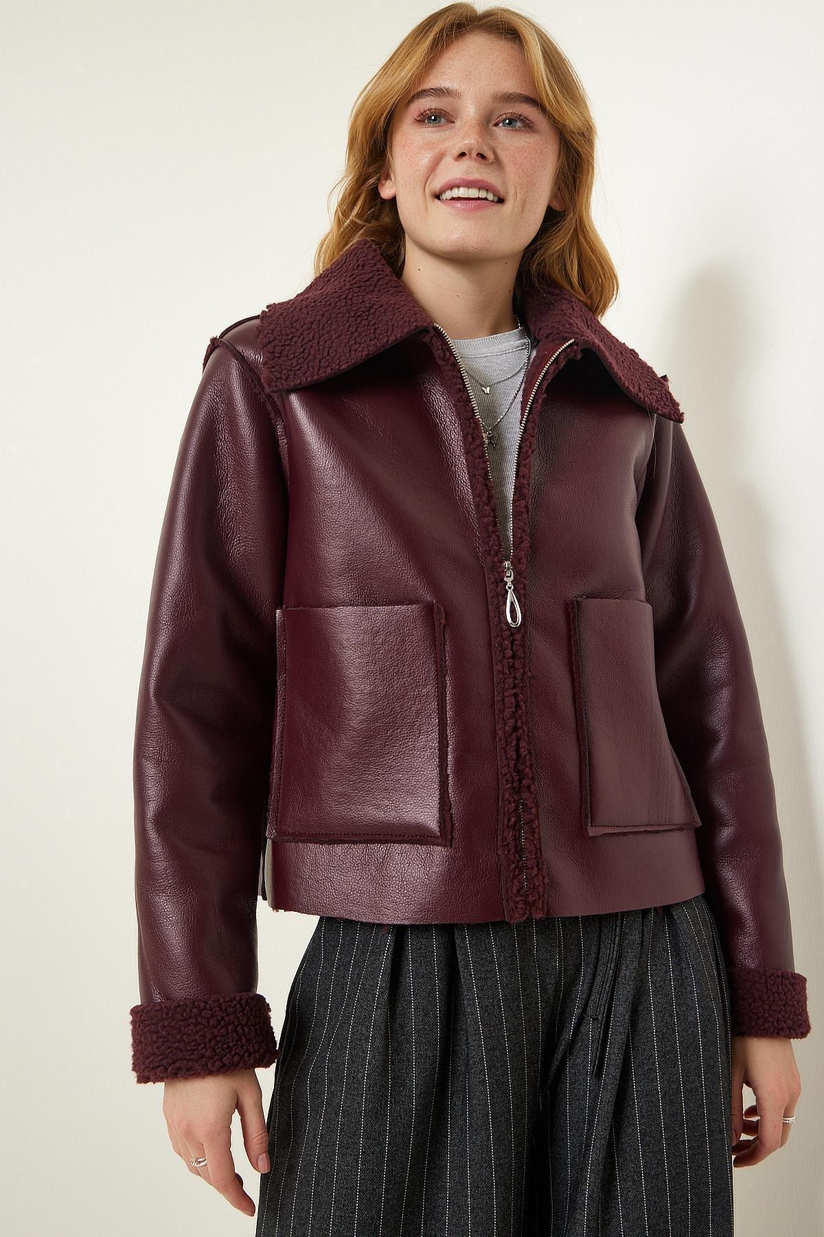 Burgundy Fur Collar Wide Pocket Jacket, , large image number 4