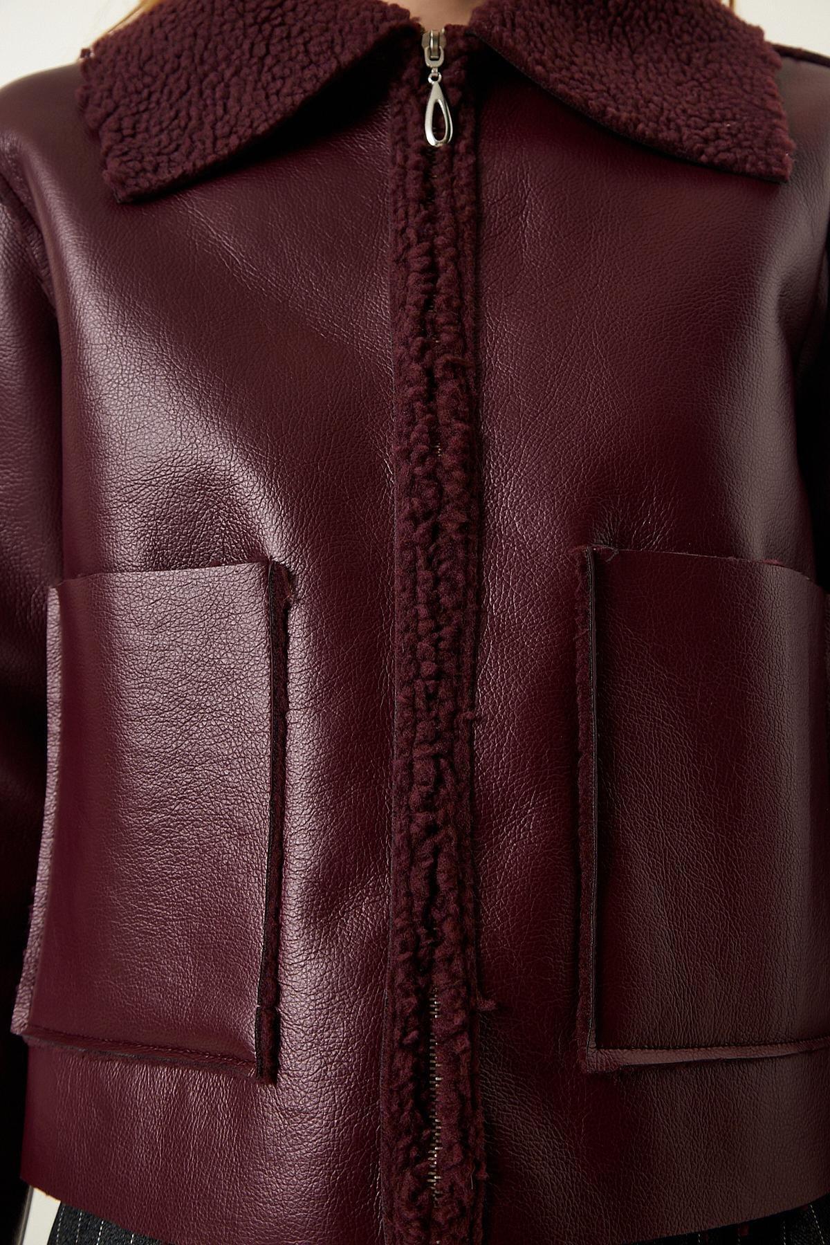Burgundy Fur Collar Wide Pocket Jacket, , large image number 5