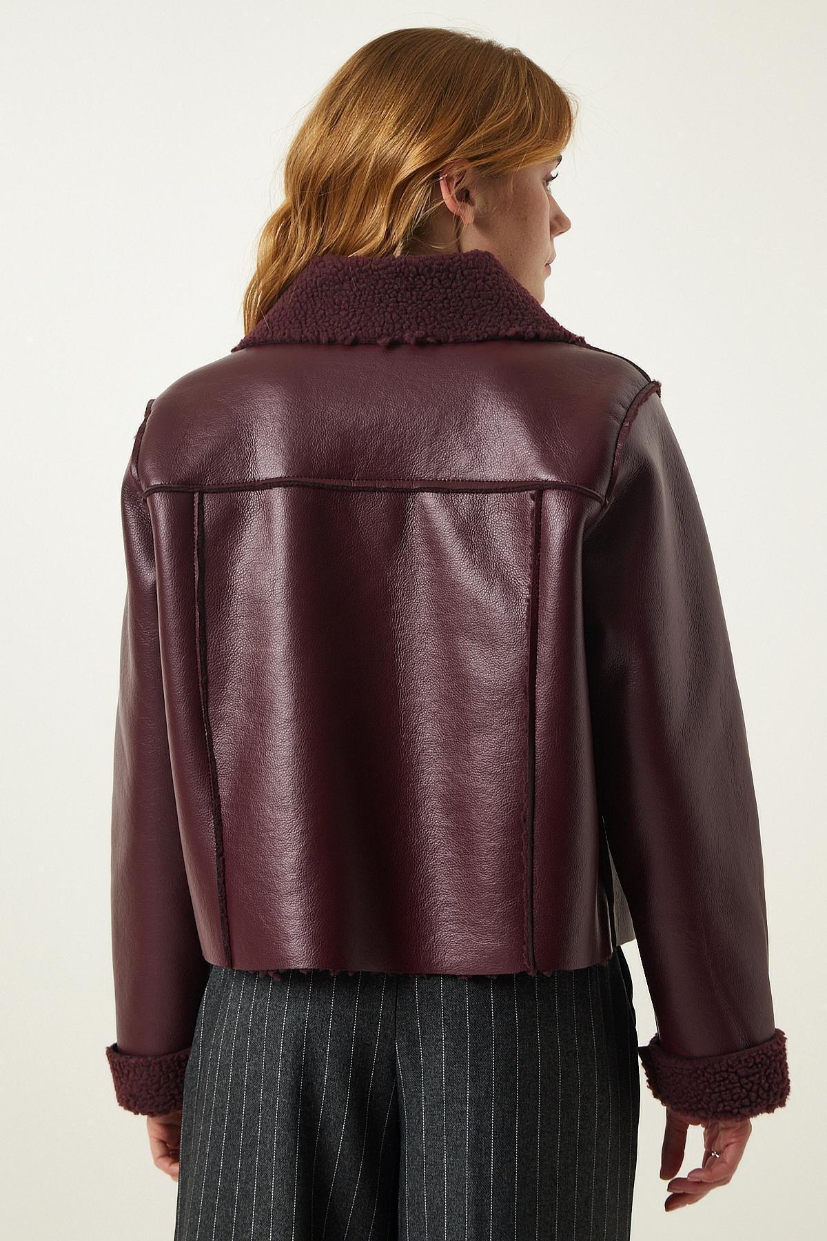 Burgundy Fur Collar Wide Pocket Jacket, , large image number 6