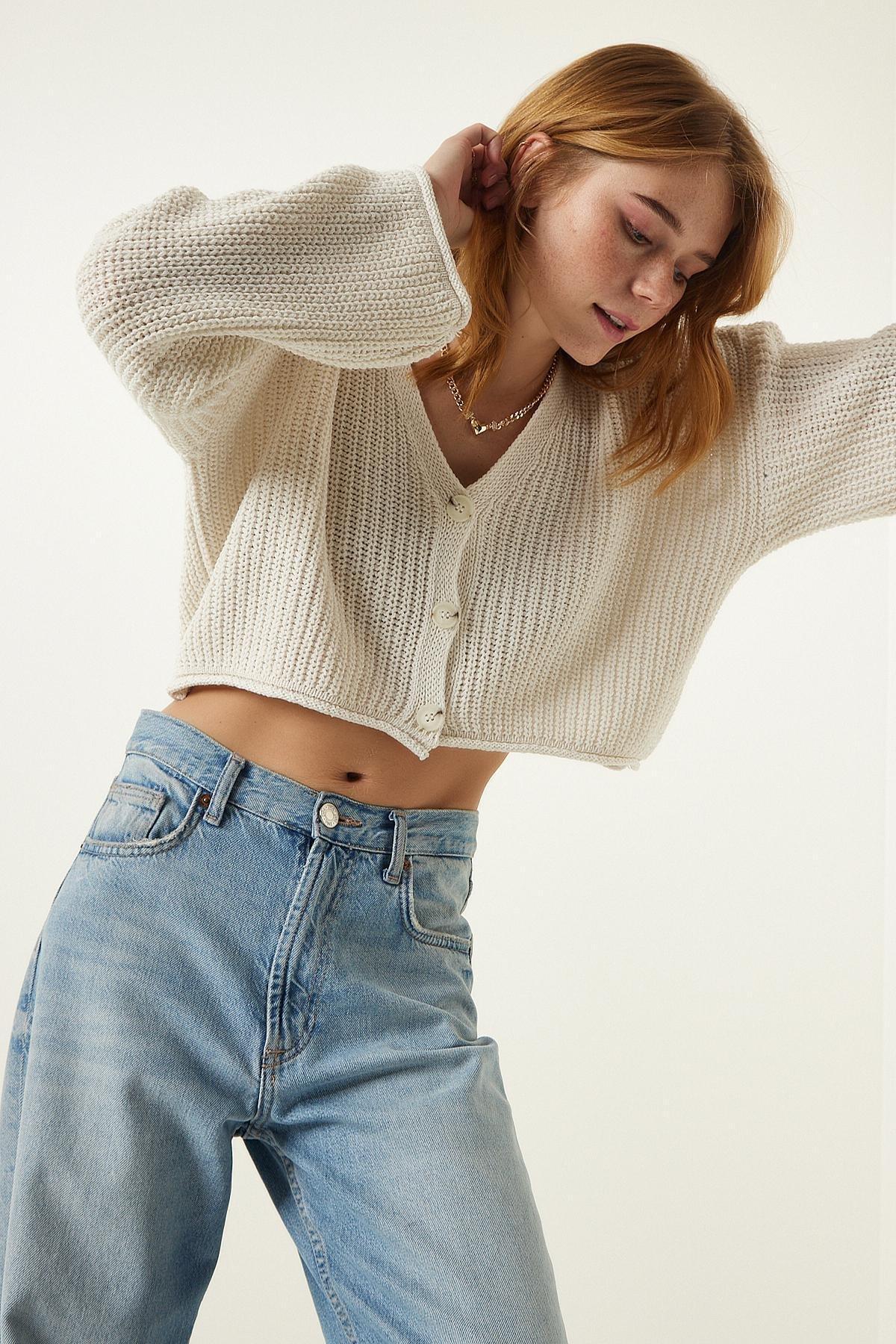Womens Cream V-Neck Seasonal Crop Knitwear Cardigan MC00255, single, Cream, large image number 0