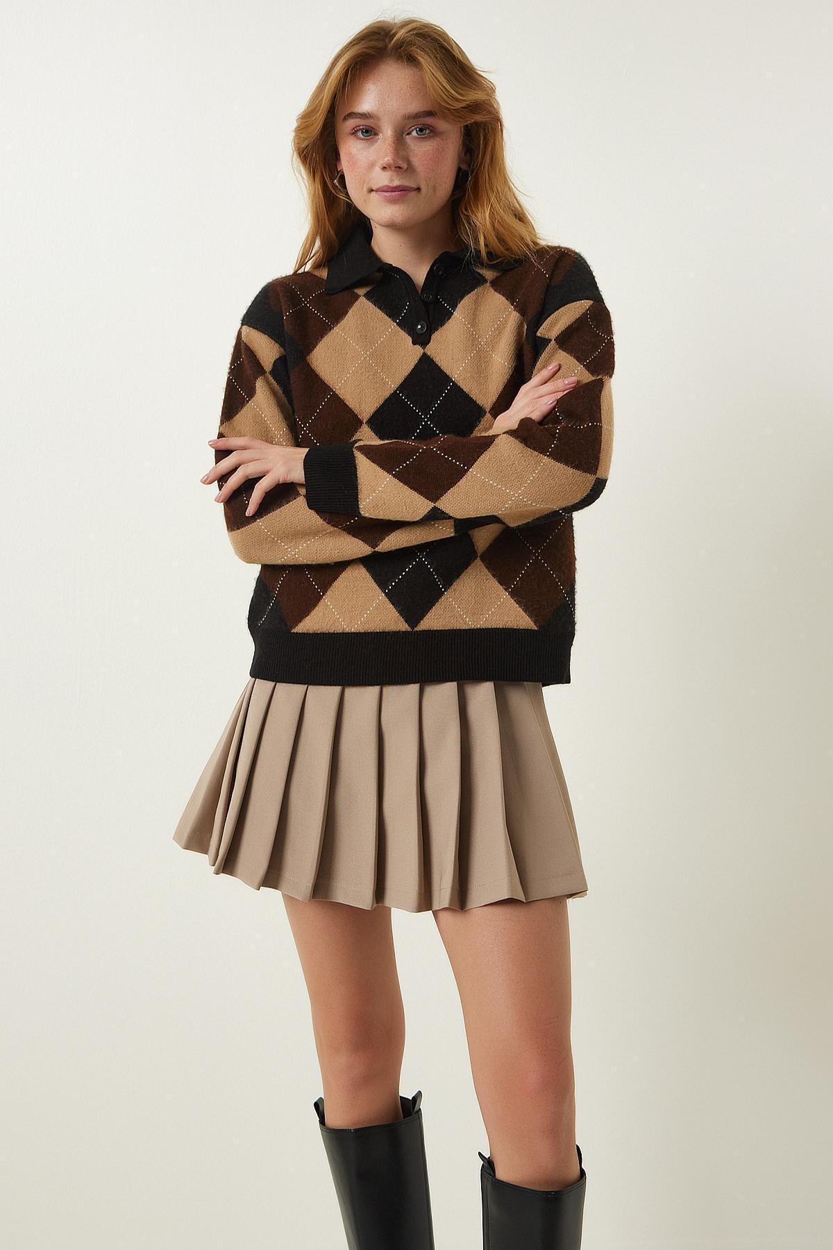 Multicolour Polo Neck Patterned Knitted Sweater, Black Biscuit, large image number 0