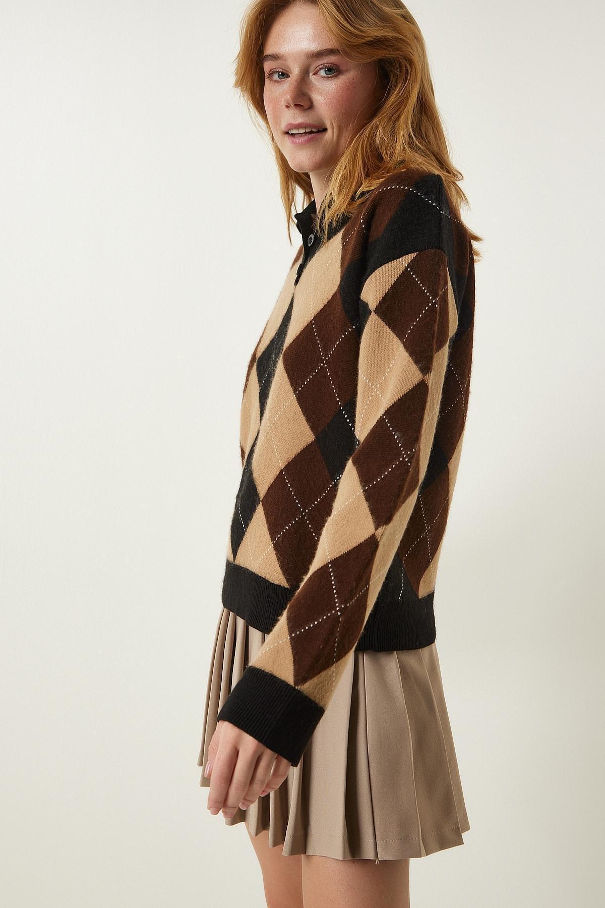 Multicolour Polo Neck Patterned Knitted Sweater, Black Biscuit, large image number 1