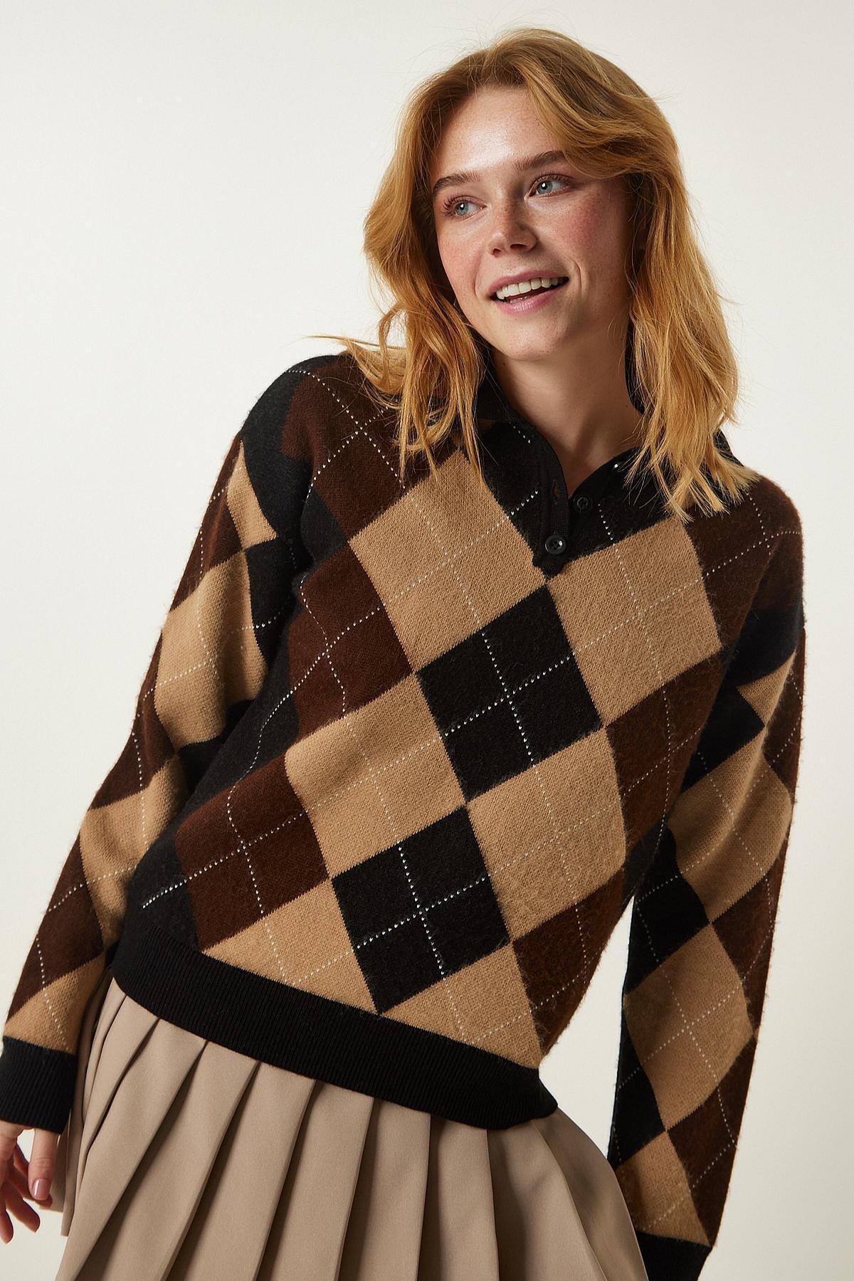 Multicolour Polo Neck Patterned Knitted Sweater, Black Biscuit, large image number 3