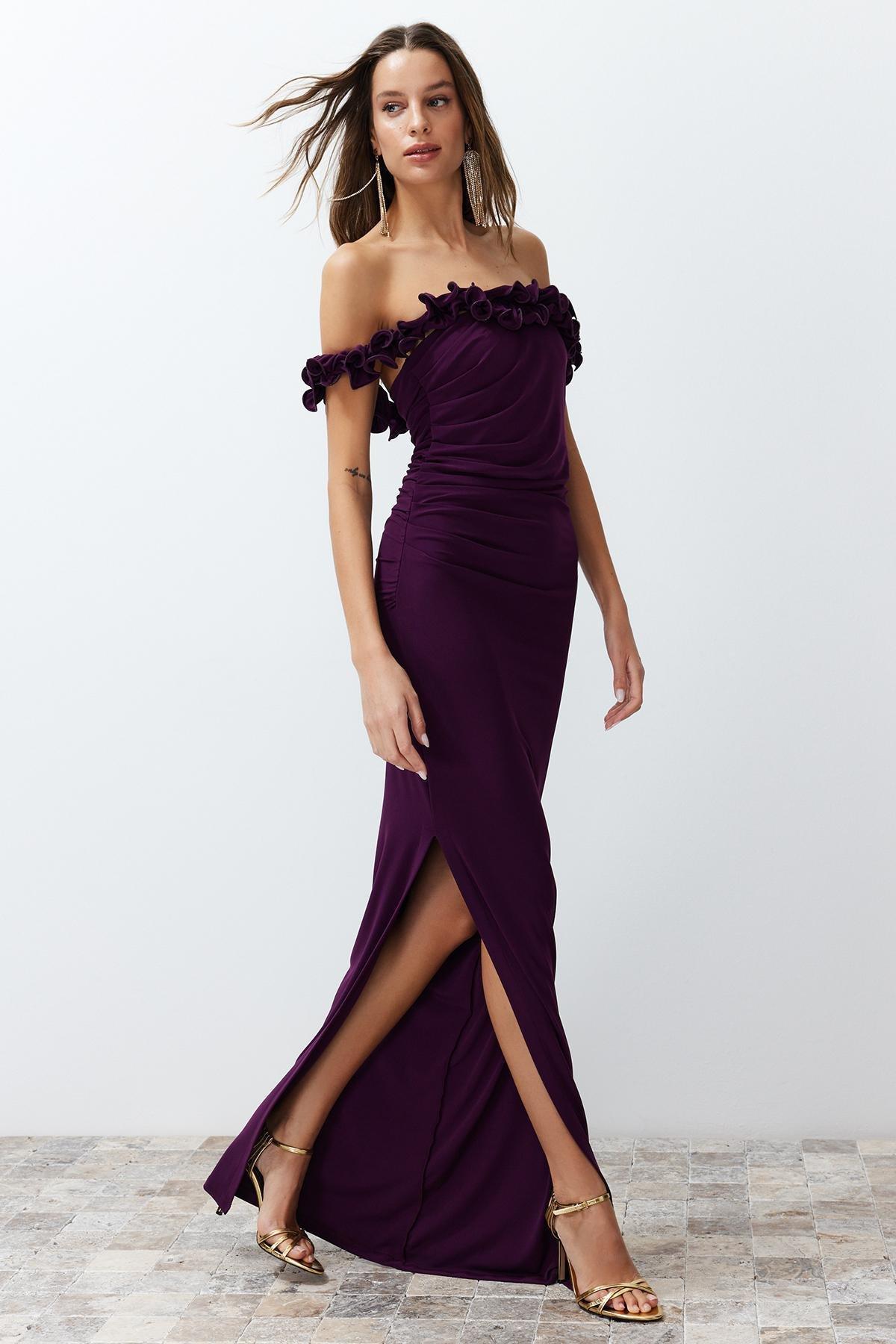 Purple Knitted Long Occasionwear Dress, C101_5655, large image number 0