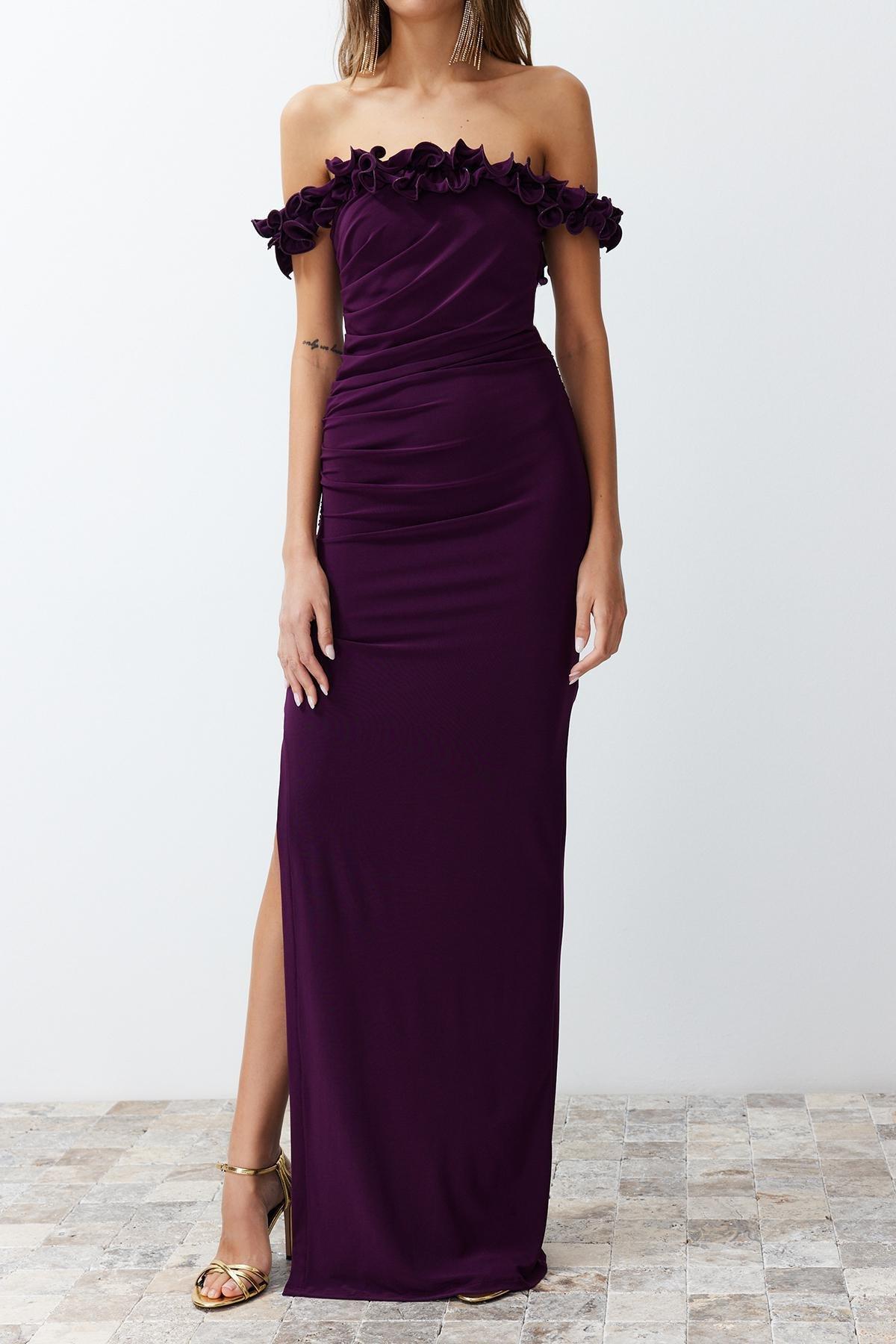 Purple Knitted Long Occasionwear Dress, C101_5655, large image number 2