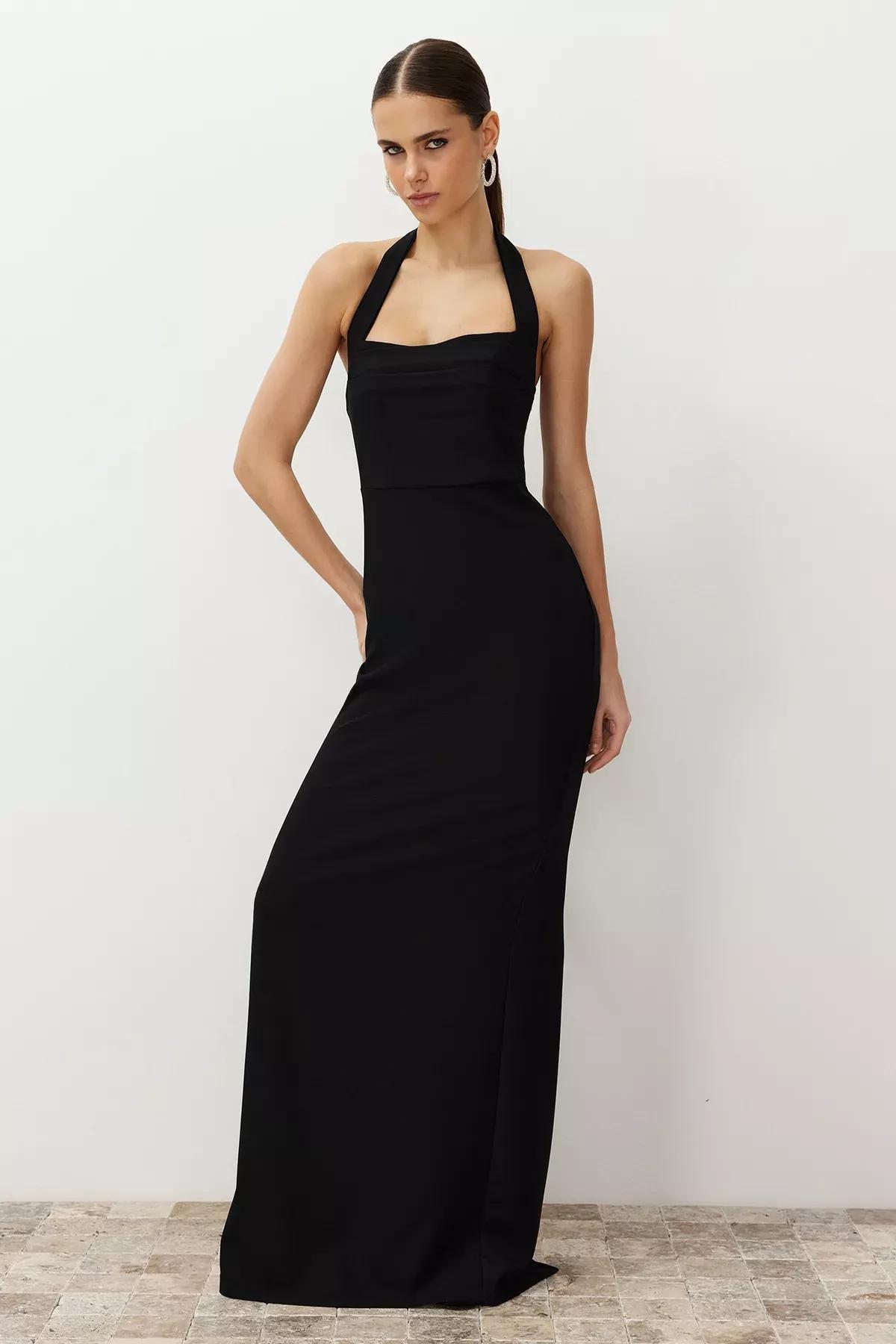 Black Turndown Collar Long Occasionwear Dress, C101_5720, large image number 0