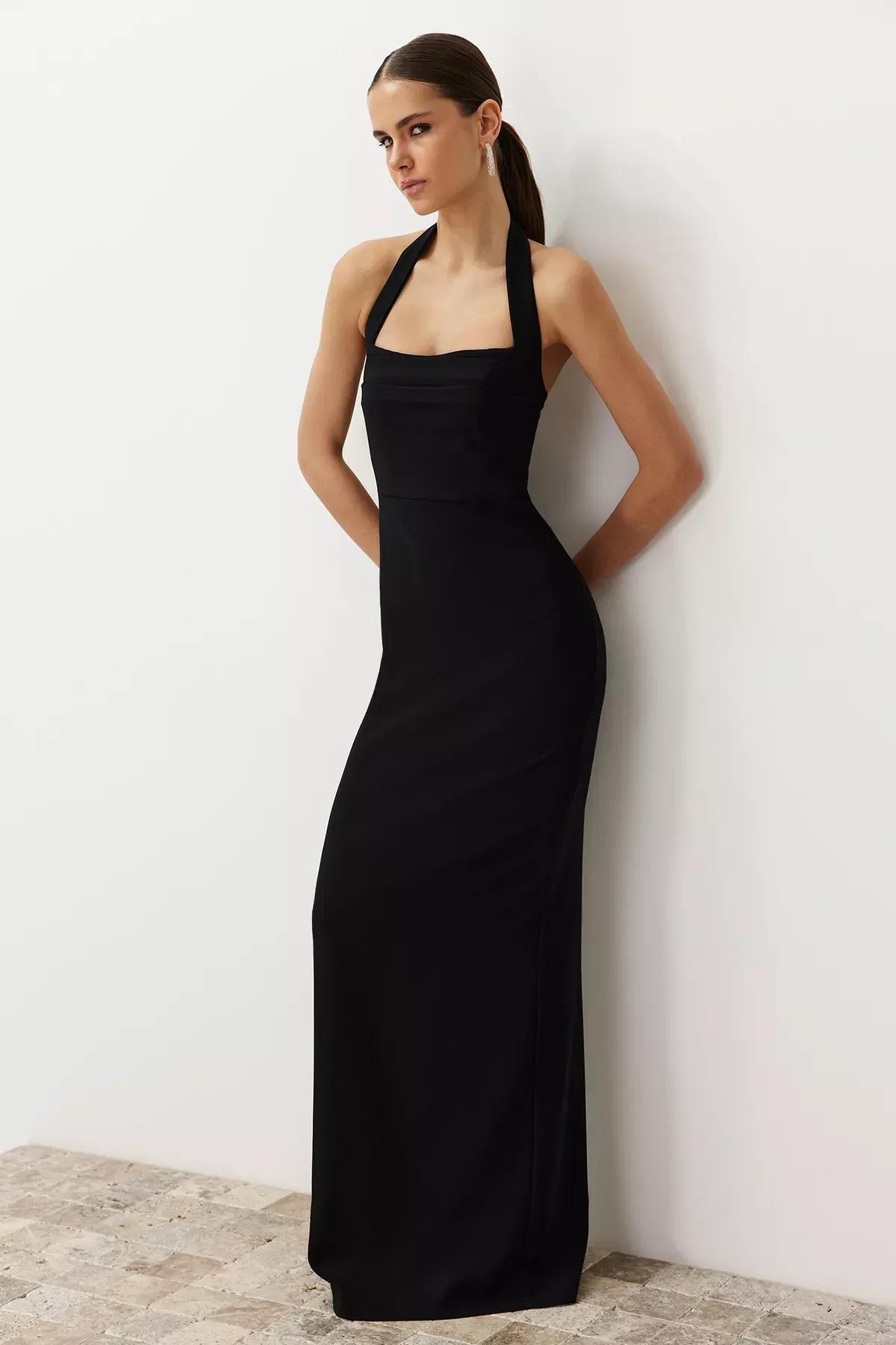 Black Turndown Collar Long Occasionwear Dress, C101_5720, large image number 1