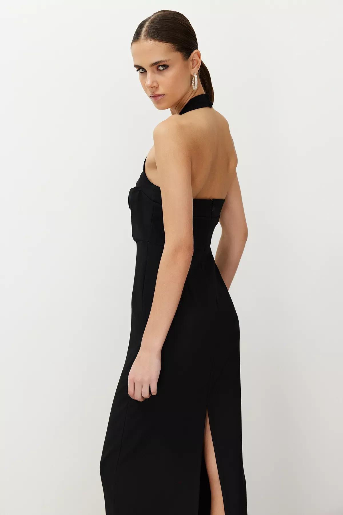 Black Turndown Collar Long Occasionwear Dress, C101_5720, large image number 2