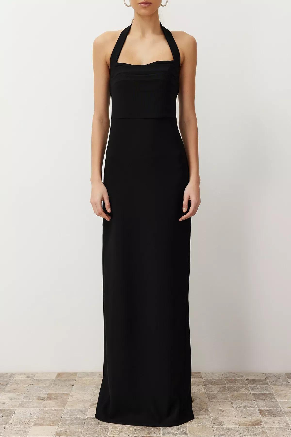 Black Turndown Collar Long Occasionwear Dress, C101_5720, large image number 3
