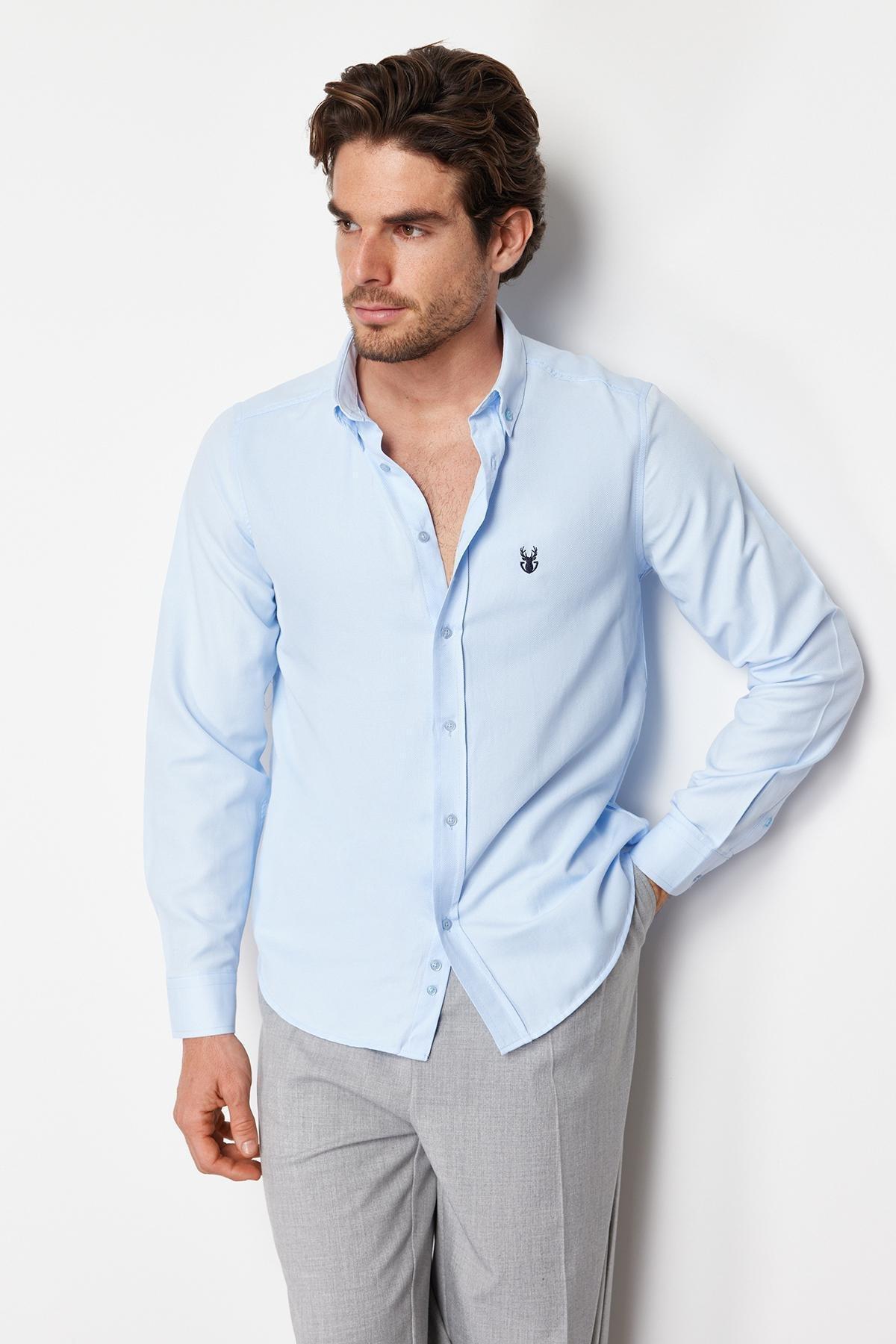 Blue Slim Fit Embroidered Shirt, , large image number 0